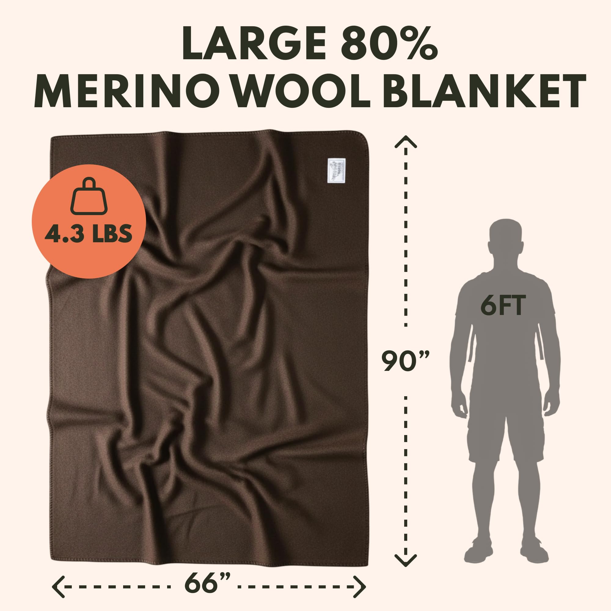 Woolly Mammoth Woolen Co. bardzo duży koc kempingowy z wełny merynosów, idealny sprzęt outdoorowy, do krzaków, biwakowania, trekkingu, wędrówek, survivalu lub jako narzuta do kabiny. (brązowy), 168 cm