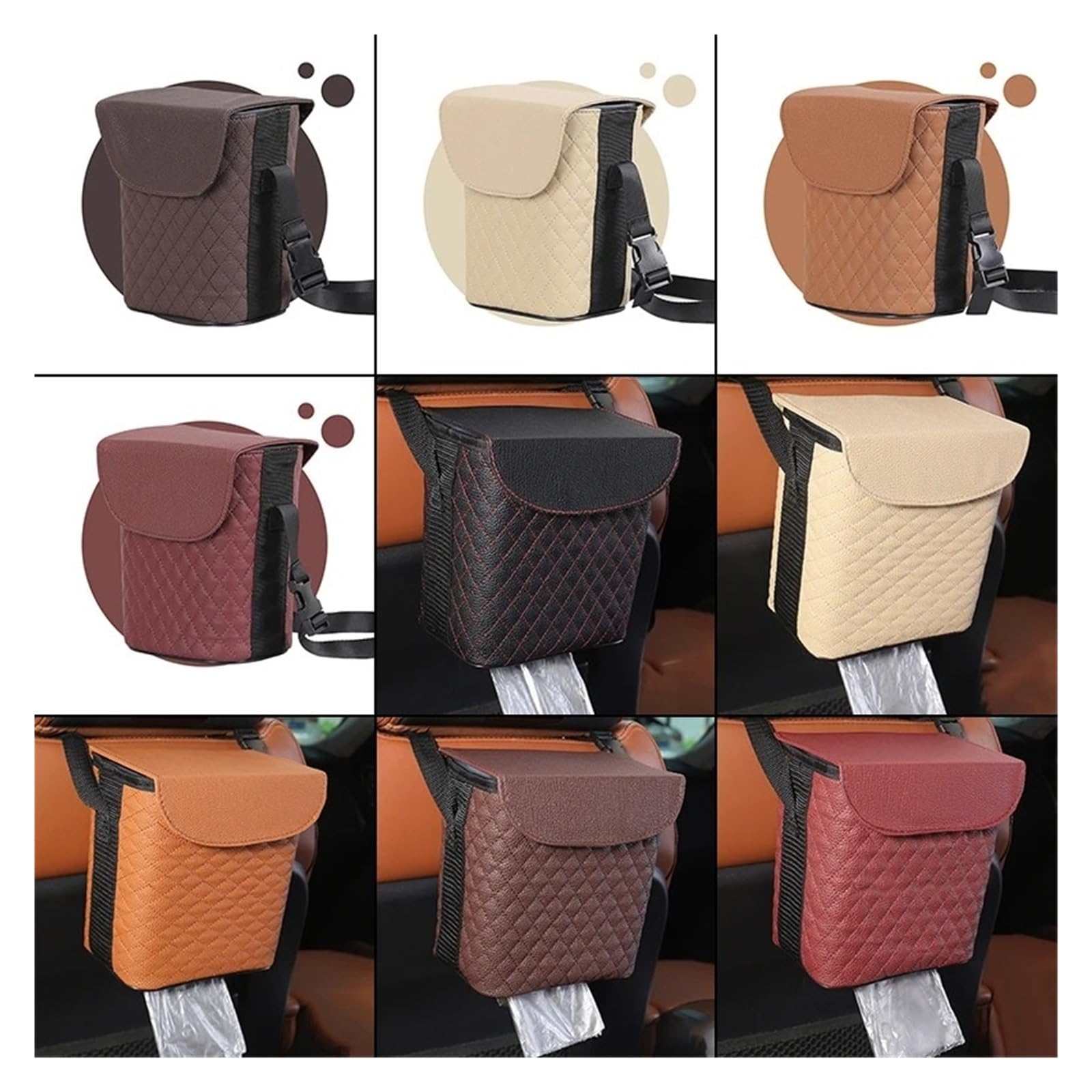 Auto Mülleimer Wasserdichter PU-Leder-Auto-Mülleimer Auto-Zubehör Hängende Organizer-Box Integrierter Abnehmbarer Kunststoffeimer Fahrzeug Mülleimers(13x17cm 2)