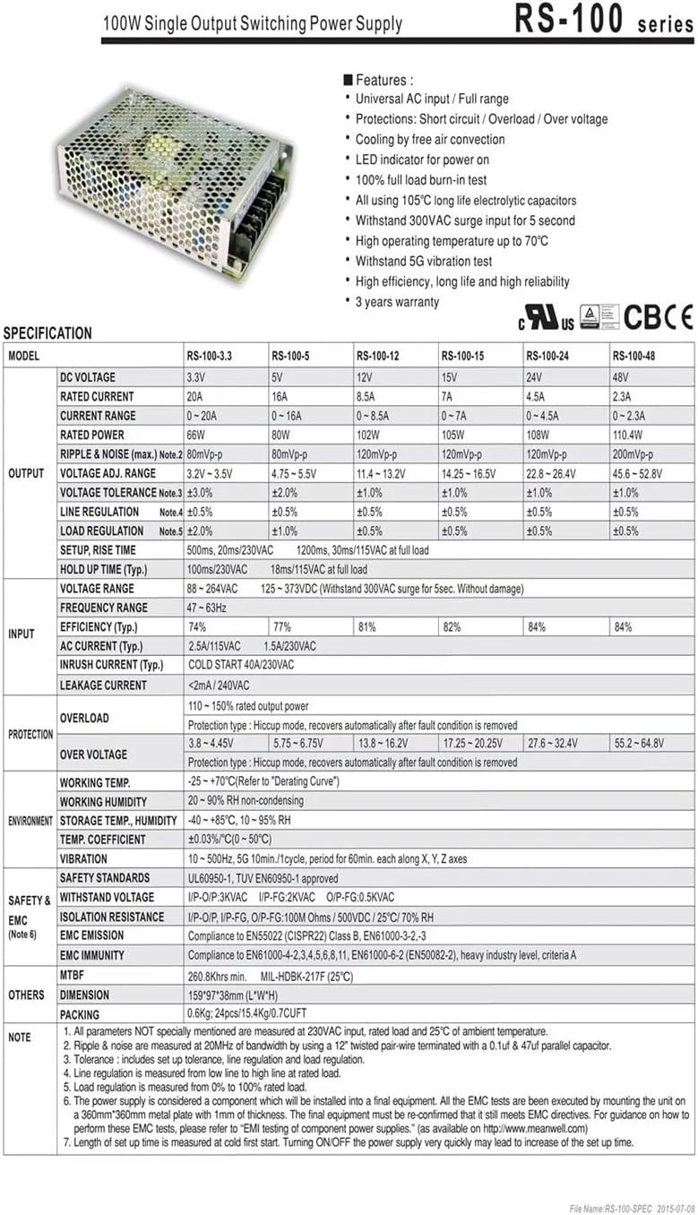 RS-100-3.3 RS-100-5 RS-100-12 RS-100-15 RS-100-24 RS-100-48 Single Output Switching Power Supply 5V/12V/48V/24V(RS-100-24)