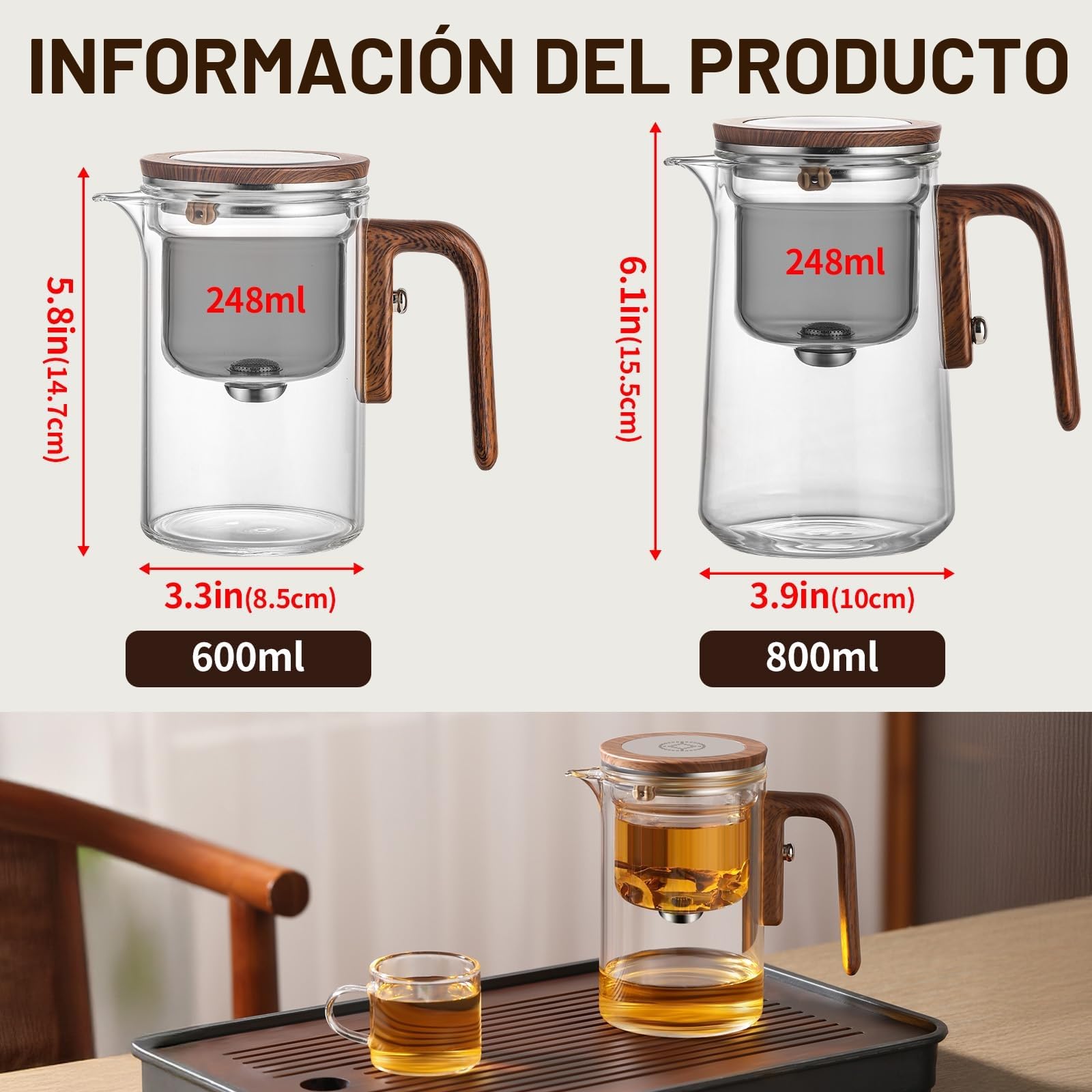 Tetera de cristal para separación de agua con filtro y mango de madera - Tetera mágica, diseño innovador para disfrutar del té uniformemente, tetera transparente con infusor