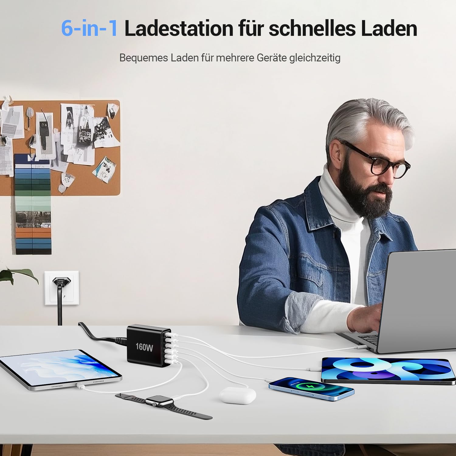 160W USB ladegerät mehrfach, 6 Ports netzteil C, USB C ladegerät, Schnellladegerät 65W, Mehrfachsteckdose mit -C und -A, Adapter für Laptop, Smartphones, ipad und Kopfhörer,Schwarz