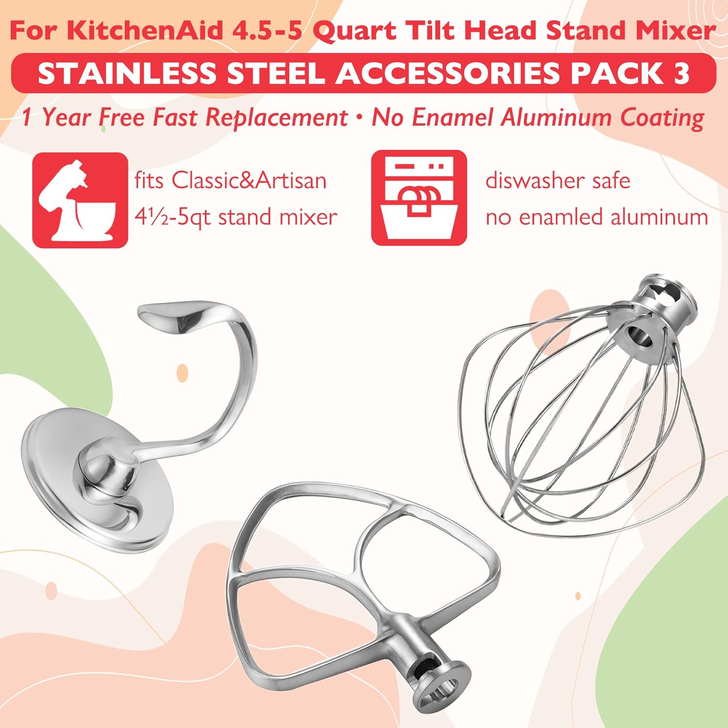 Stainless Steel Accessories for KitchenAid 5-6 Qt Bowl-Lift Stand Mixer, Includes 6 Wire Whisk, Beater, Dough Hook, Dishwasher Safe and Heavy Duty, fits for KP26, KL26, KB26, KSM55/60