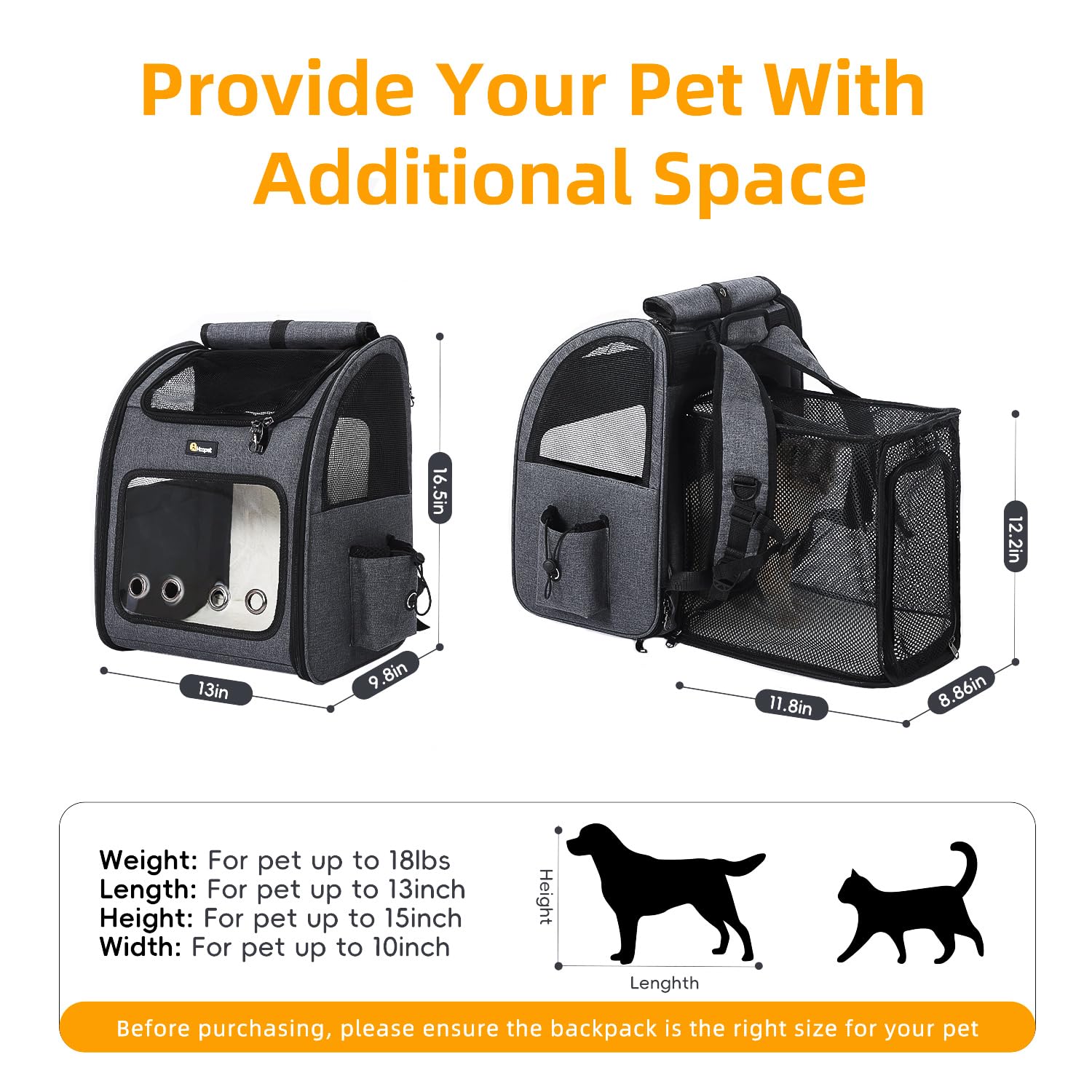 Hoopet Expandable Cat Backpack Carrier – Breathable Pet Carrier for Small Cats & Dogs, Foldable Travel Backpack with Mesh Ventilation for Hiking, Walking, Camping, Dark Grey