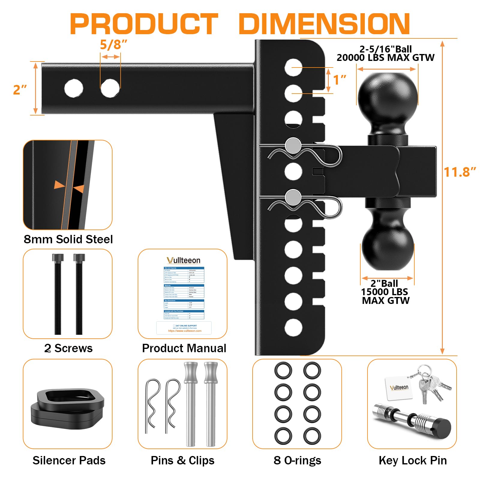 2026 Vullteeon Adjustable Trailer Hitch, 8-Inch Drop for 2-Inch Receiver - Heavy Duty Alloy Steel Truck Hitch with Slot-fit Design, Dual Ball Mount (2” & 2-5/16”), 20000 lbs GTW Tow Hitches — view 8