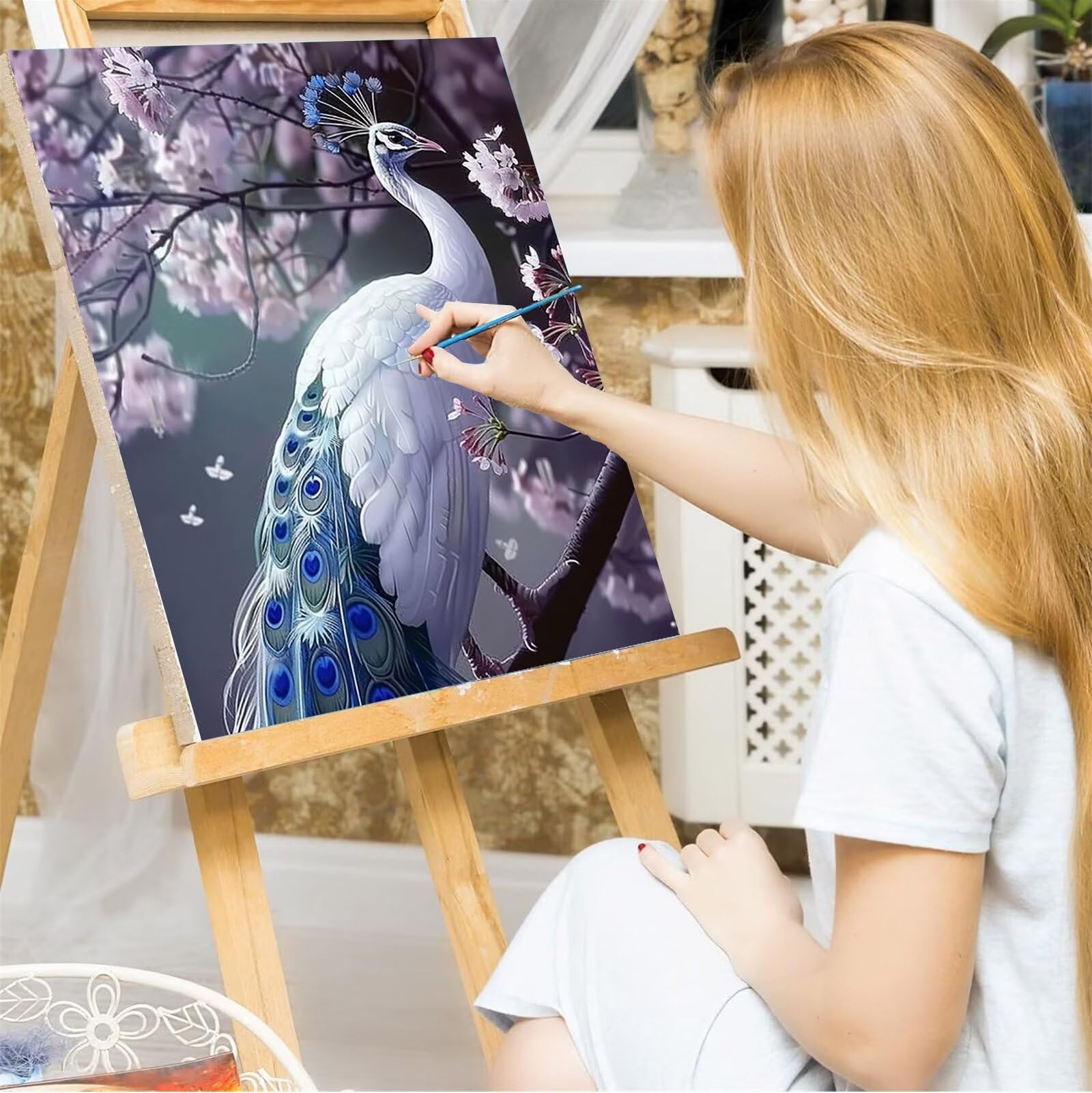 Peepezo Dipingere con i Numeri Adulti, Kit di Pittura a Olio su Tela Fai-da-Te per Bambini,Paint by Numbers Adulti e Bambini Pavone,Bianco 60x80cm (Con Scatola)