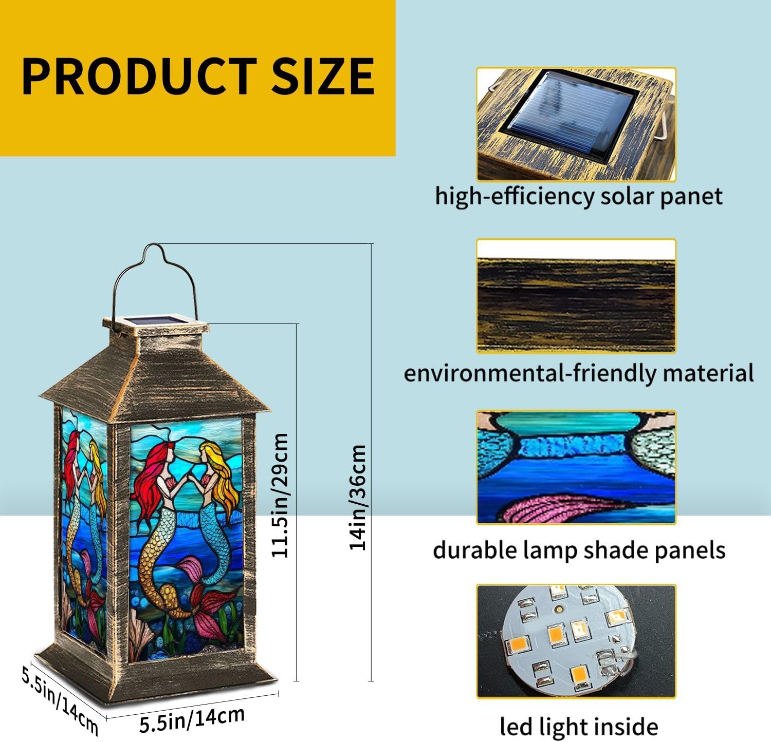 Solar Lantern Stained Glass Window Panel Mermaids Ocean Waves Shells Seaweed Outdoor Waterproof Garden Hanging Lantern Solar Powered Lighting Outside Table Lamp for Patio Deck Camping 1 Pack