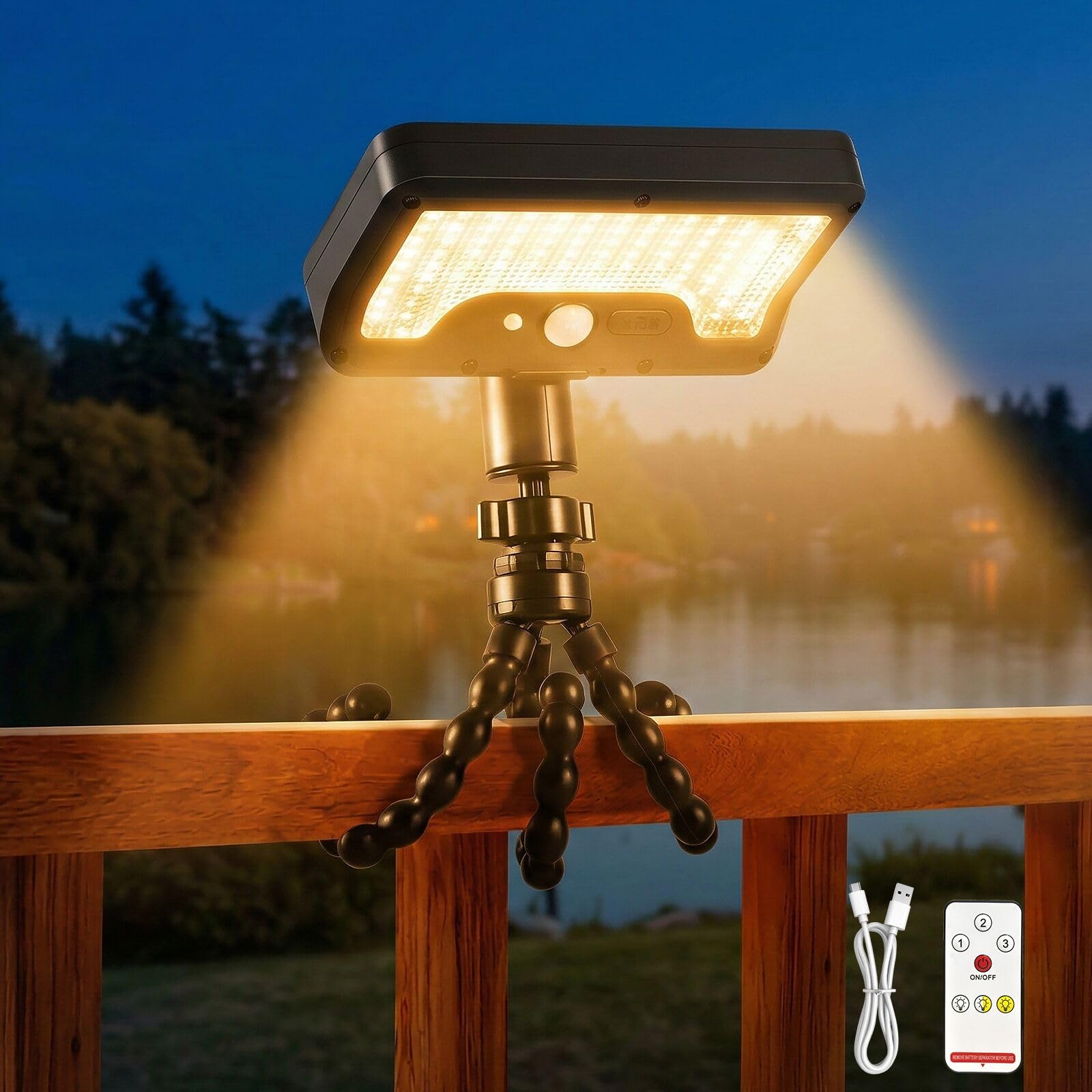 INDARUN Flexible Octopus Solar Lights Outdoor, Solar & USB Dual Charge Motion Sensor Light with Remote, 92 LED Tri-Colour Security Light for Shed, Tree, Parasol, Camping, Caravan Awning, 1 Pack