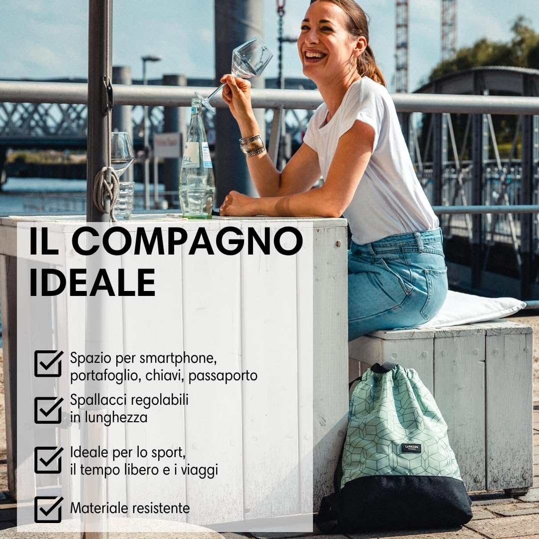 LARKSON Zaino Donna Uomo Verde Menta - No 7 - Sacca da Palestra - Borsa Sportiva Piccola Versatile con Tasca Interna - Materiale Riciclato