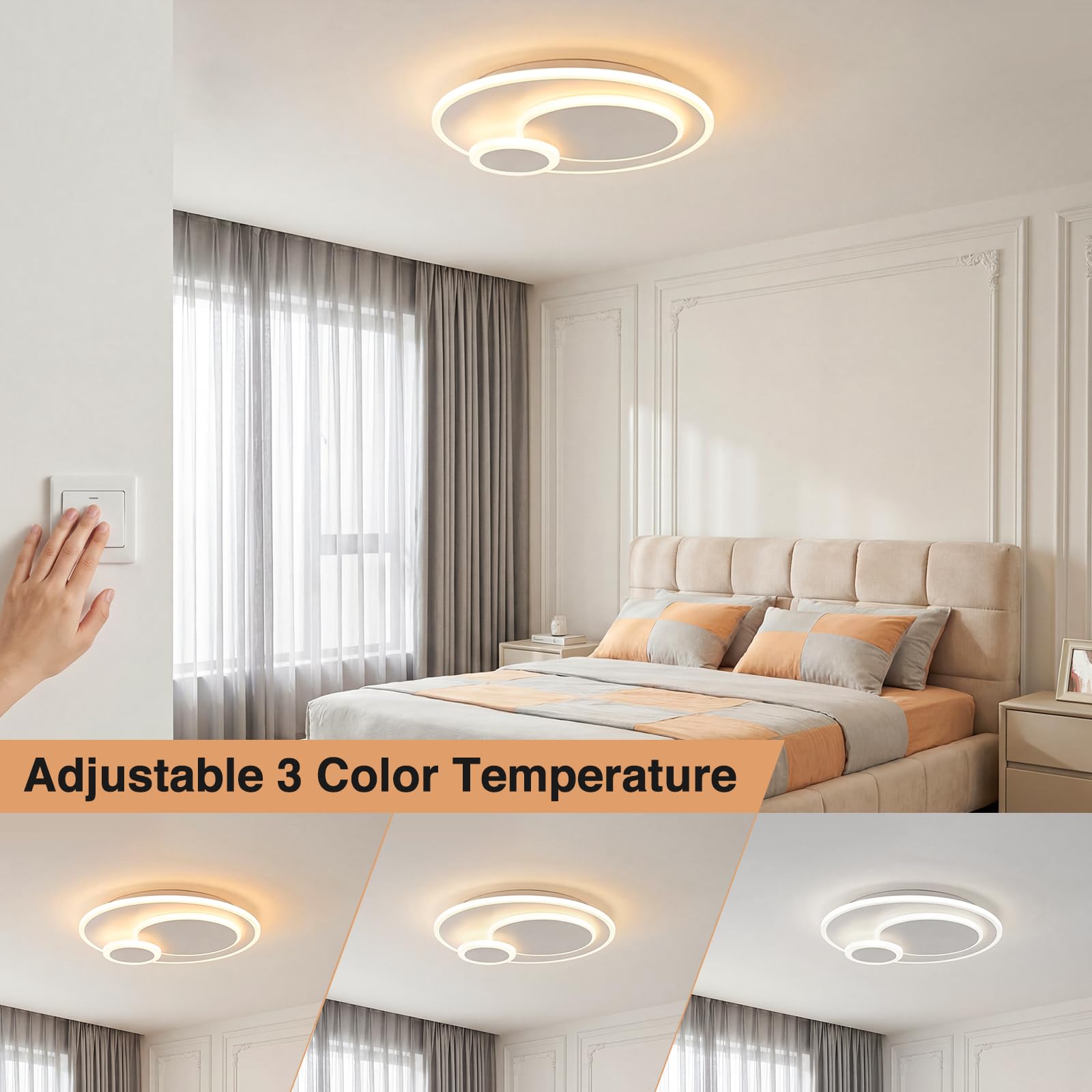 Plafoniera LED Soffitto Moderna 23W, 3000K/4500K/6500K Lampada 2300lm CRI≥80, Lampadario per Soggiorno, Camera da Letto, Ufficio, Cucina e Corridoio con Funzione Memoria Bianco