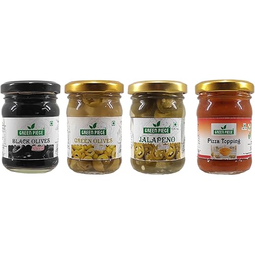 K3 Masala Green Piece Pizza Topping(100Gm),Green Olives Sliced(120 Gm)And Black Olives Sliced(120 Gm),Jalapeno(120Gm)(Pack Of 4)Olives(460 Ml,Pack Of 4)