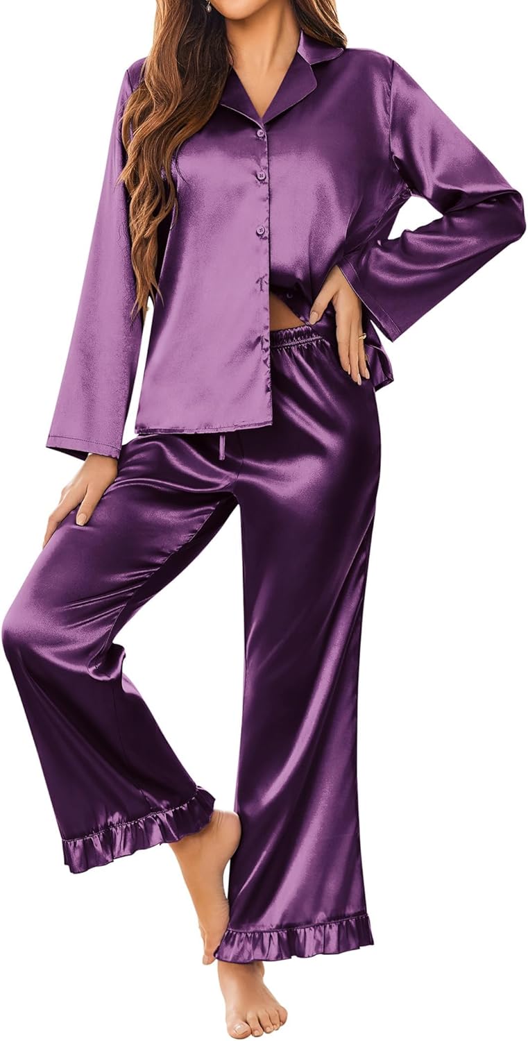 Ekouaer Silk Satin Pajamas Set Womens Long Sleepwear Button Down 2 Piece Classic Soft Loungewear Pjs Set