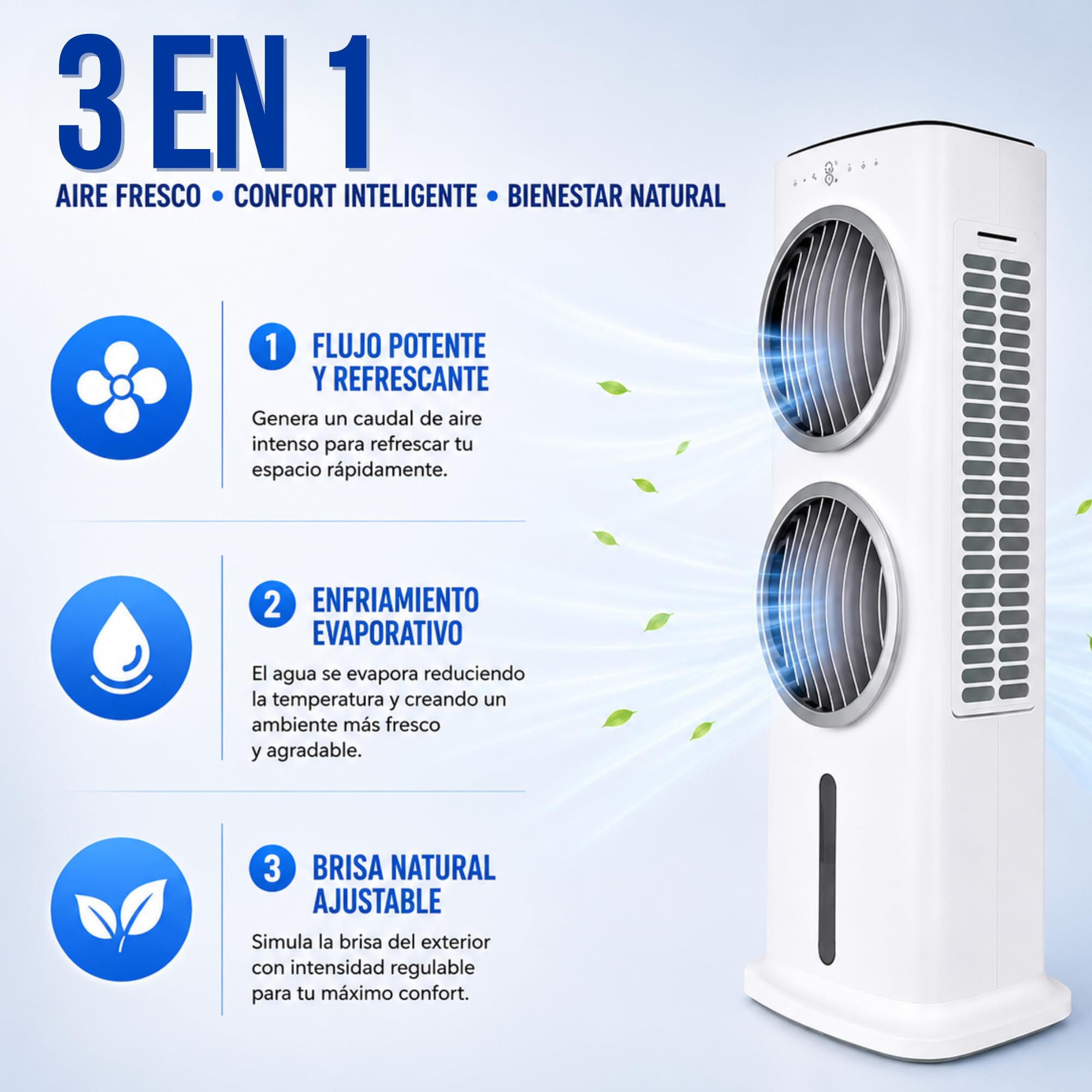 Climatizador Evaporativo VONALA SMALL-DUO – Enfriador de Aire Portátil con Doble Ventilador, Depósito 9L, 5 Velocidades, Mando a Distancia, 90W, Portátil