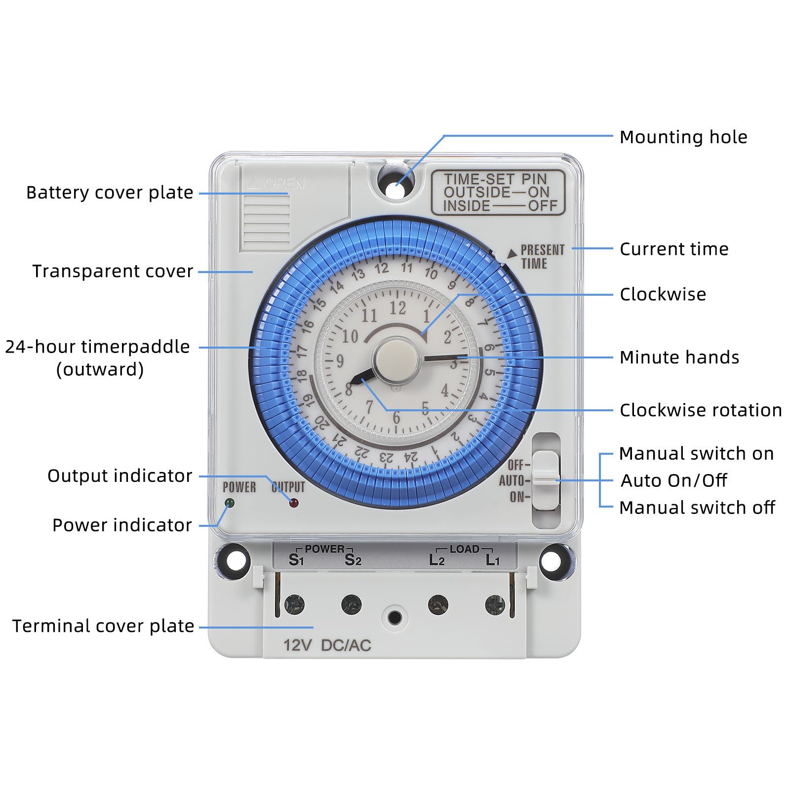 Temporizador Mecánico de Cocina 12vac/DC, Interruptor de Temporizador Portátil Control de Mecánico, Minutero de Cuenta Regresiva para Cocción y Horneado, Uso Doméstico E