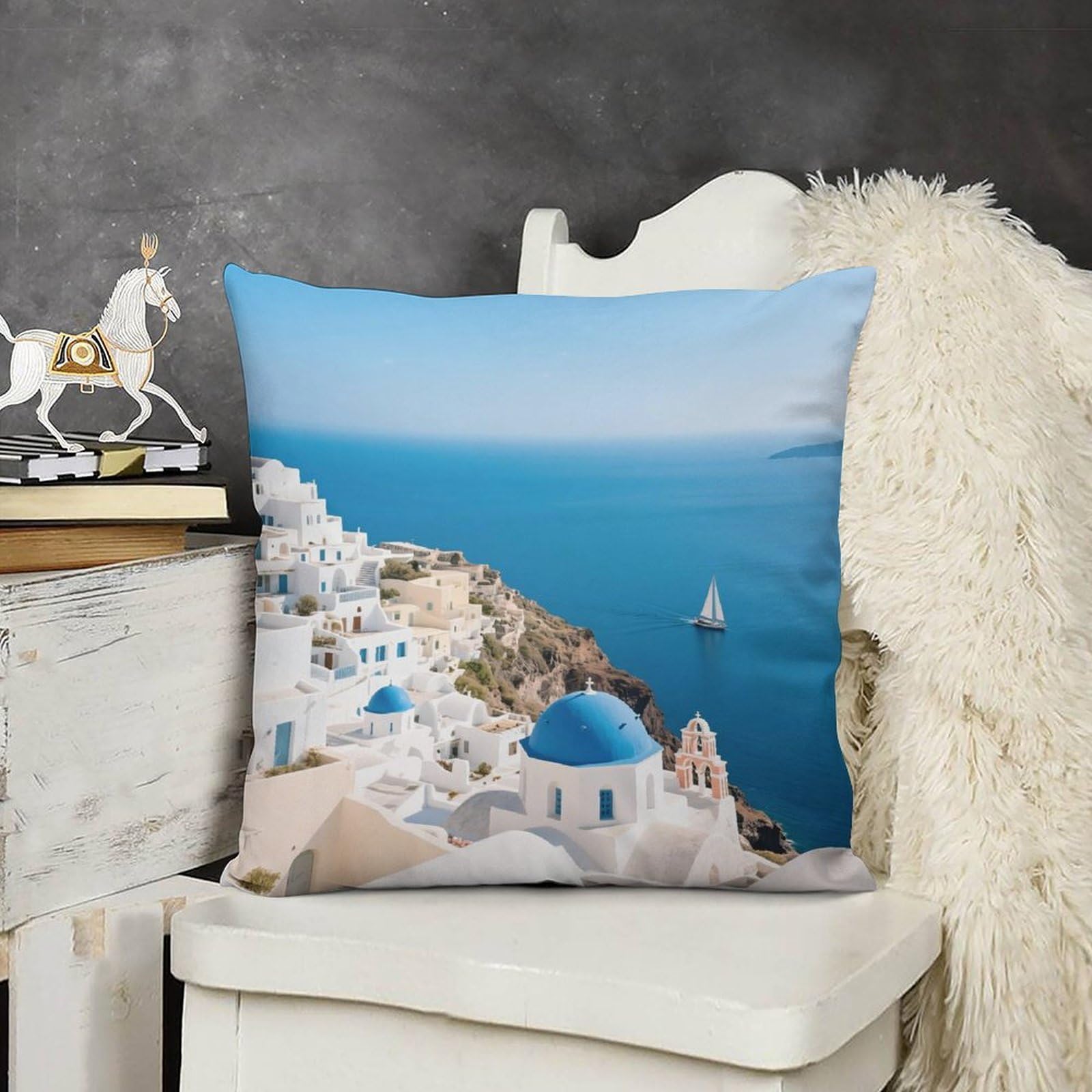 Boho Farmhouse Santorini Greek Island Sea View Pillow Covers with Hidden Zipper 16x16 Soft Plush Cushion Cover Decorative Throw Pillow Cases for Couch Bed Sofa Living Room Indoor Outdoor Home Deco