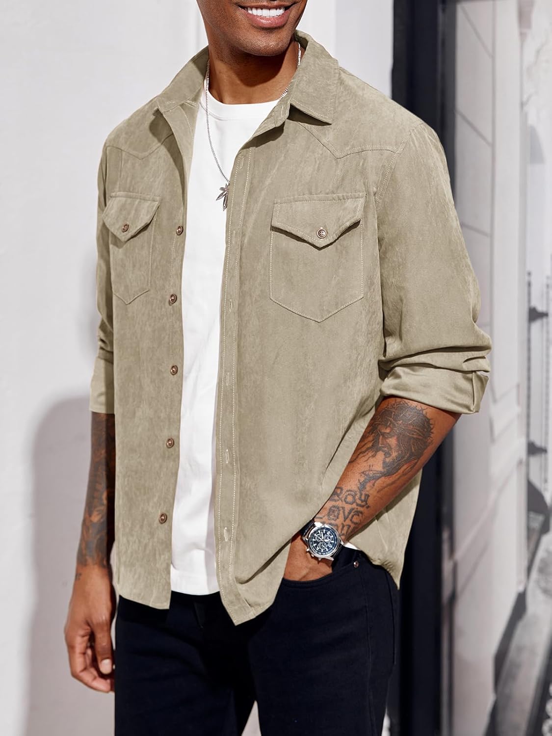 Runcati Mens Long Sleeve Suede Shirts Button Down Shacket Casual Work Western Regular Fit Shirt Jacket - Image 2