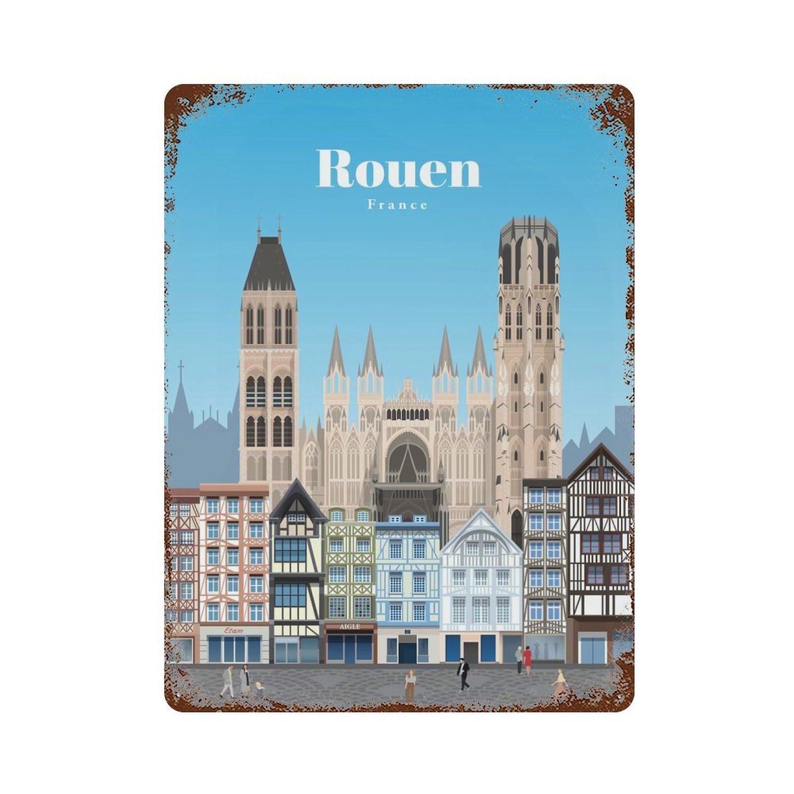 Travel to Rouen 15.7"x11.8" Rustic Tin Plaque, Novelty Wall Decor for Living Room, Hallway And Home Decor
