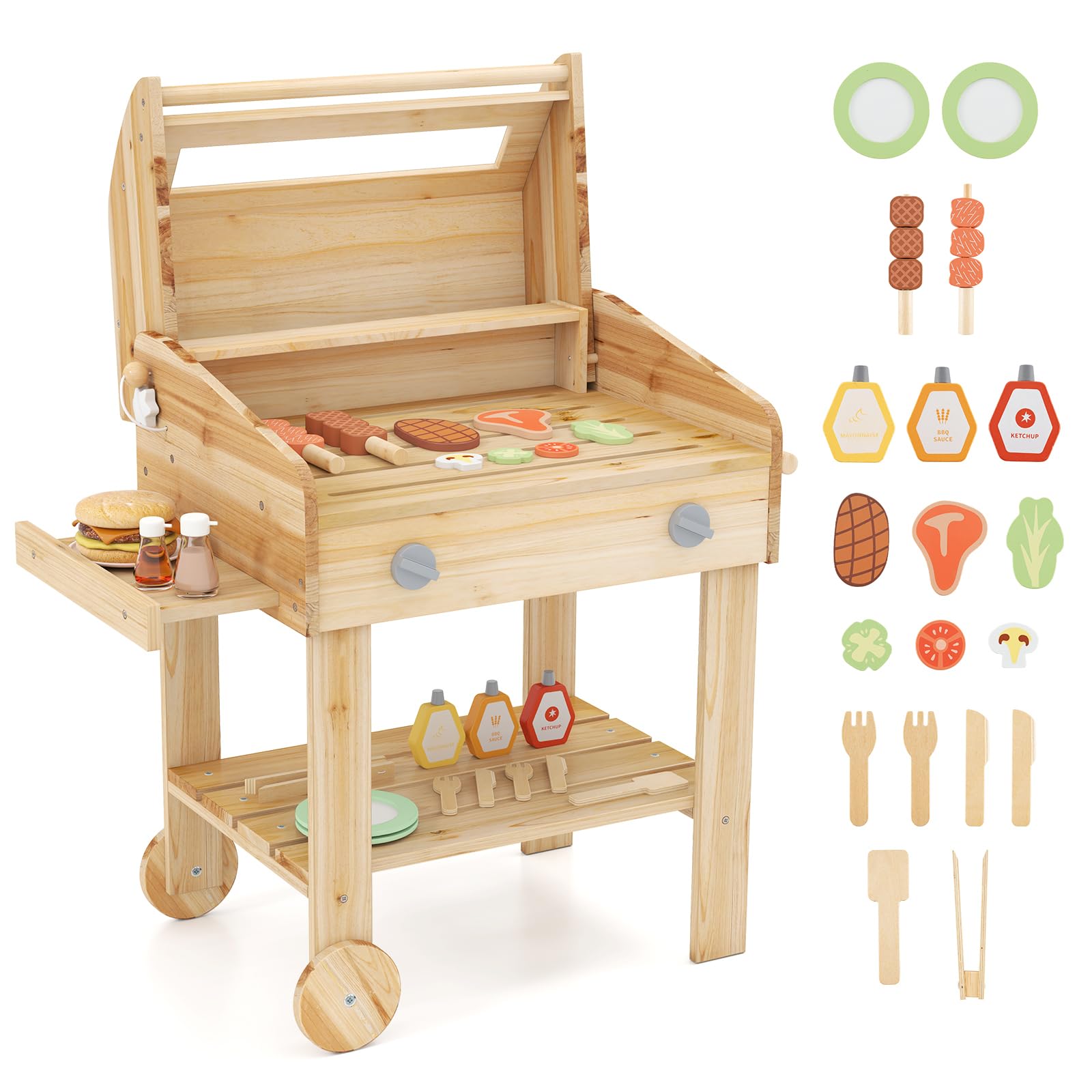 GOPLUS Barbecue en Bois Enfant, Jeu BBQ Set avec Nourriture de Jeu, Outils de Gril et Bouteilles d'Assaisonnement, Jouet de Cuisine Intérieur/Extérieur pour Enfant 3+ Ans