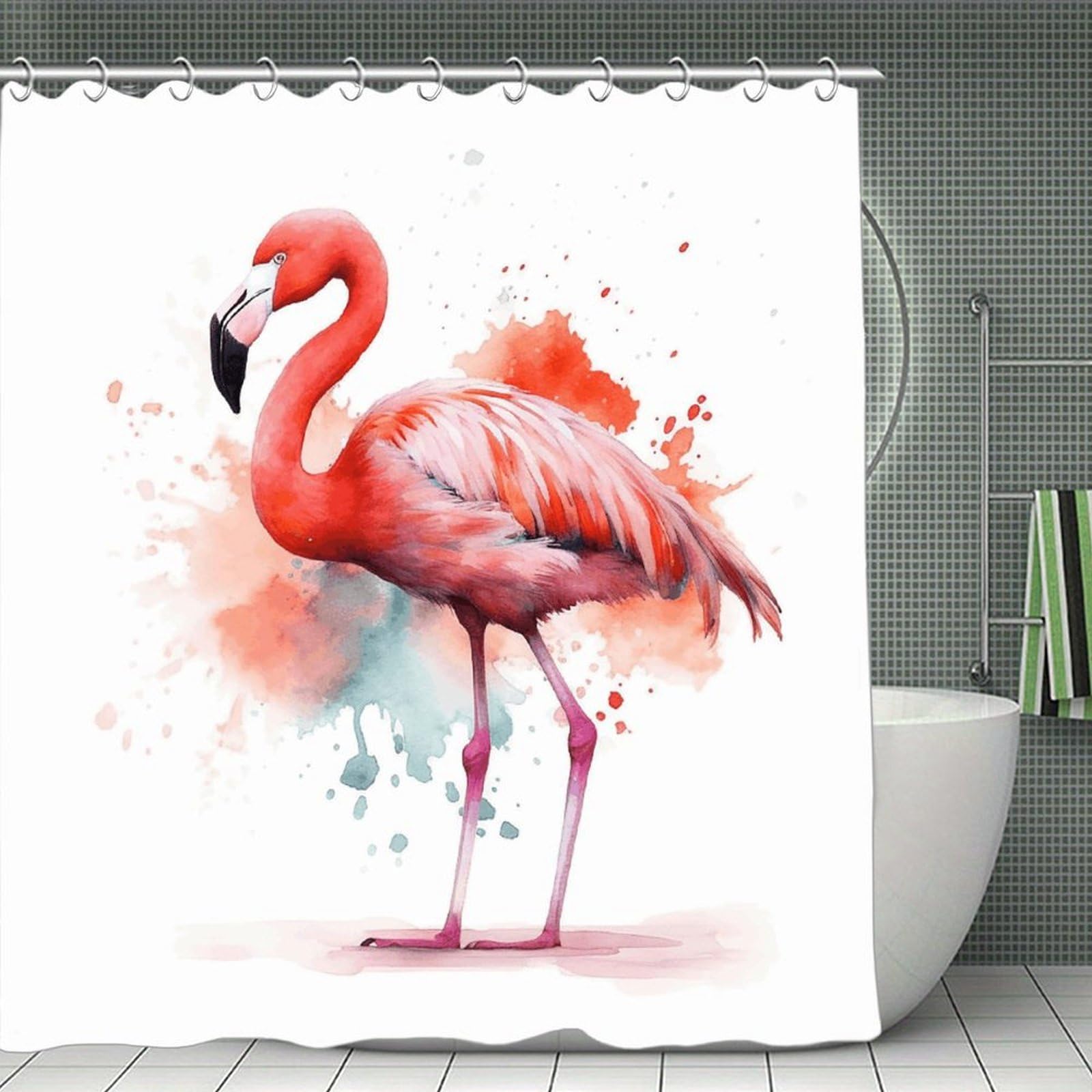 QMNLKH Watercolor Flamingo Shower Curtain with Hooks, Waterproof Bath Curtains for Bathroom, Lightweight Bath Curtains Liner for Hotel, Personalized Bath Curtain for Spa, 70.8 Inch