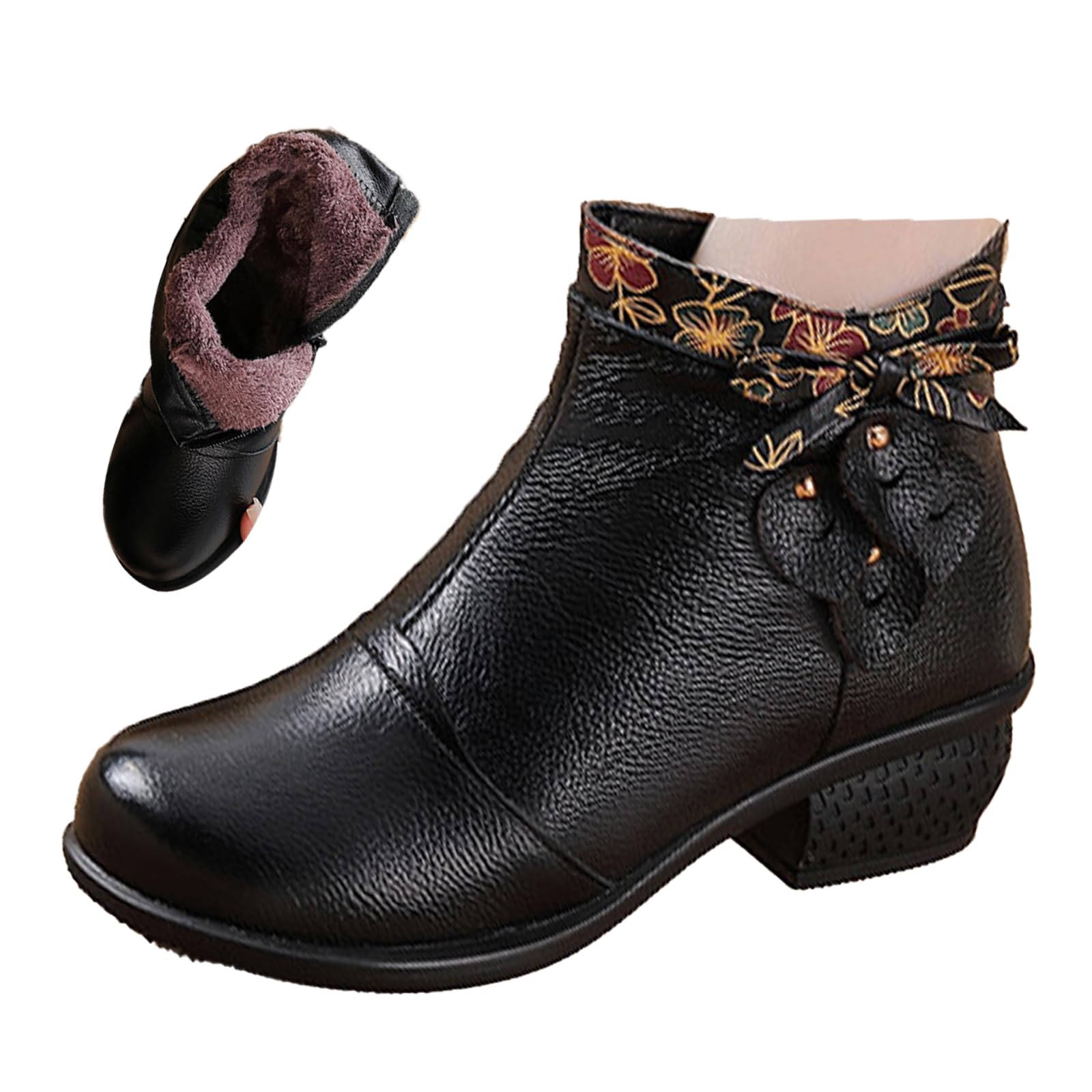 Womens Leather Dress Ankle Boots Vintage Bow Comfort Chunky Block Waterproof Non-slip Side Zip Casual Short Booties