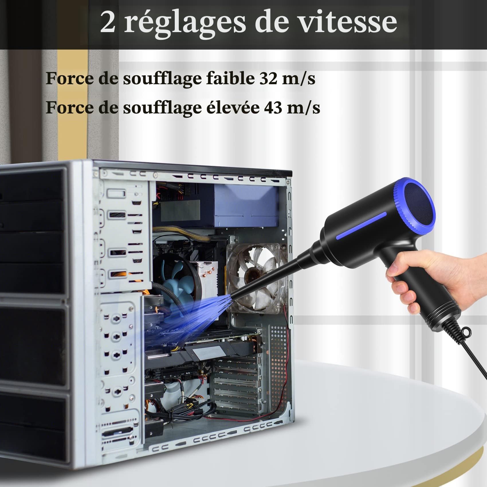 Souffleur Air Comprimé, Dépoussiérant Puissants électrique,Plumeau à air électrique 2 en 1, 2 Vitesses, avec brosse de nettoyage, pour ordinateur, clavier,voiture, maison pour animaux domestiques