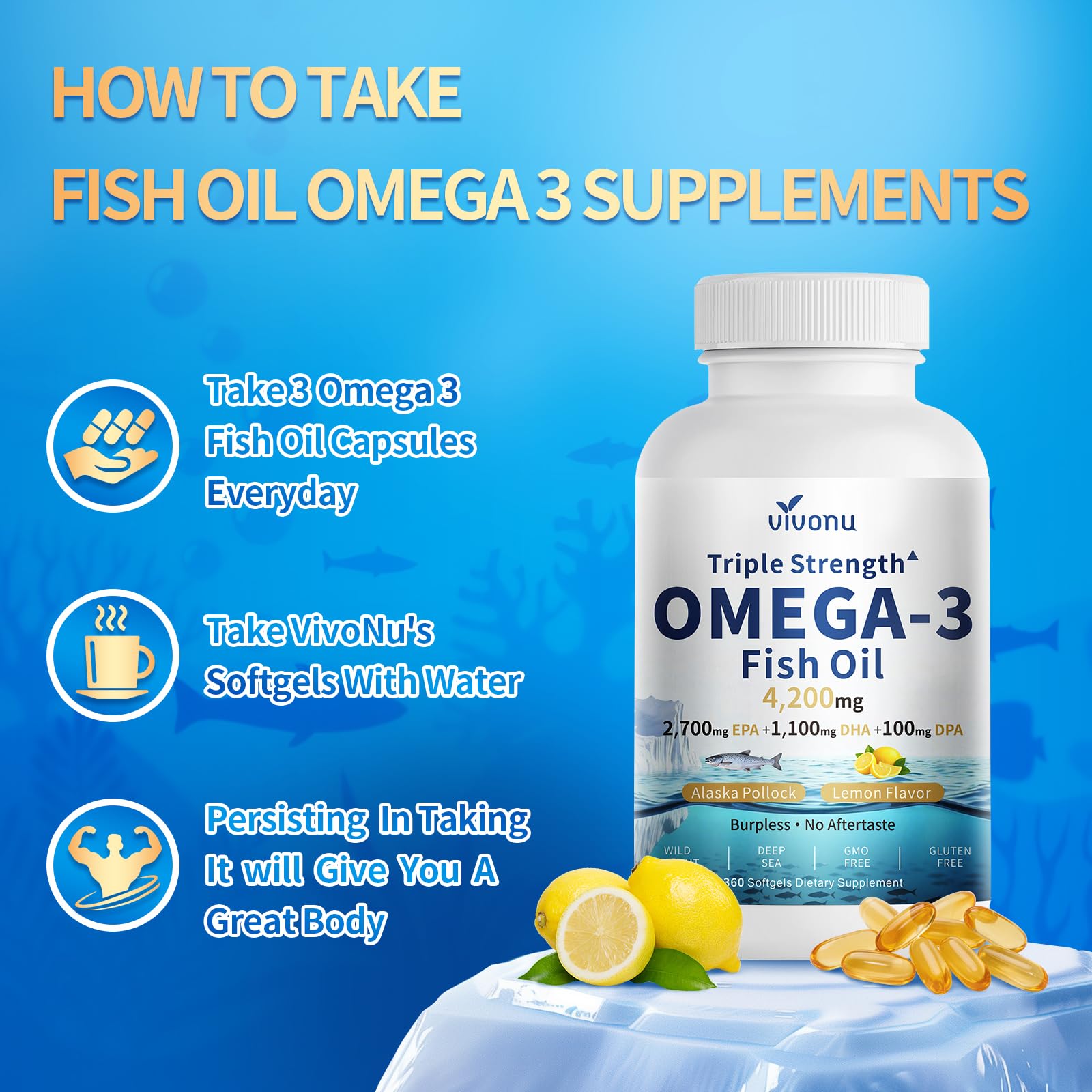 VivoNu Omega 3-360 unités - 4200 mg d’huile de poisson, 3900 mg oméga 3, 2700 mg EPA, 1100 mg DHA et 100 mg DPA par portion - issu d’une pêche durable - sans OGM