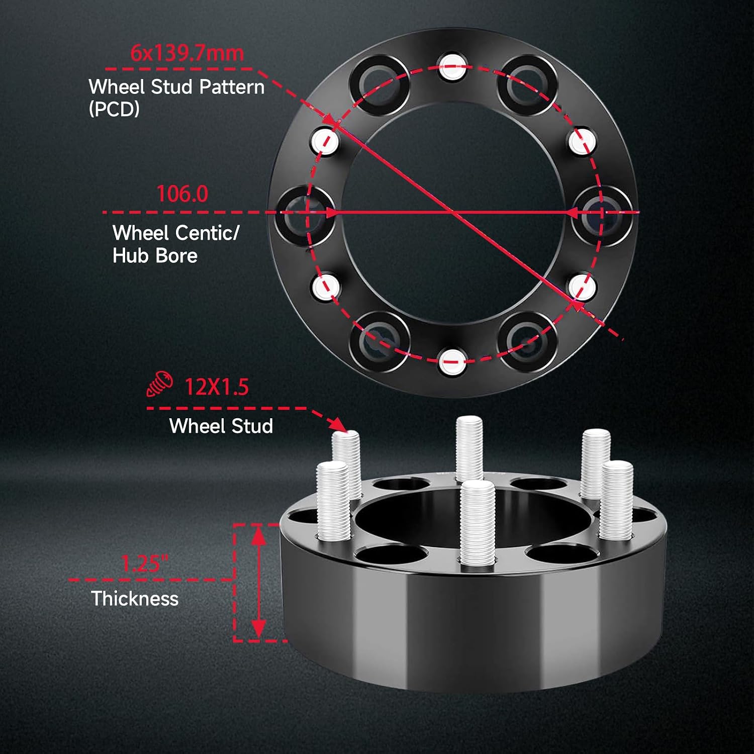 VibeUp 2pcs 6x5.5 Wheel Adapters, Forged 1.25"(32mm) 6x139.7mm to 6x139.7mm Thread Pitch 12X1.5 Hub Bore 106mm Adapters for Toyota T100/Tundra/Sequoia/Hilux/Tacoma/4Runner/FJ Cruiser/Land Cruiser