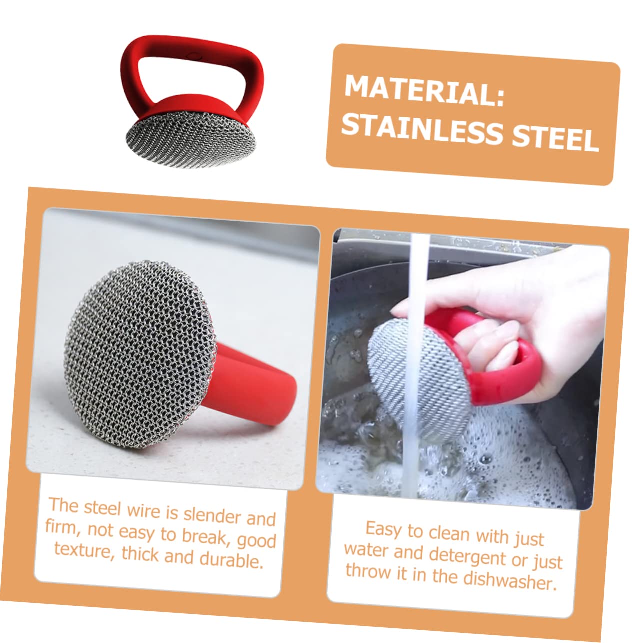 Didiseaon Cepillo De Alambre De Acero Inoxidable con Mango Largo, Cepillo para Limpiar Platos y Ollas, Resistente, Diseño Ergonómico, Color Rojo, Uso Doméstico, Herramienta De Limpieza De Cocina