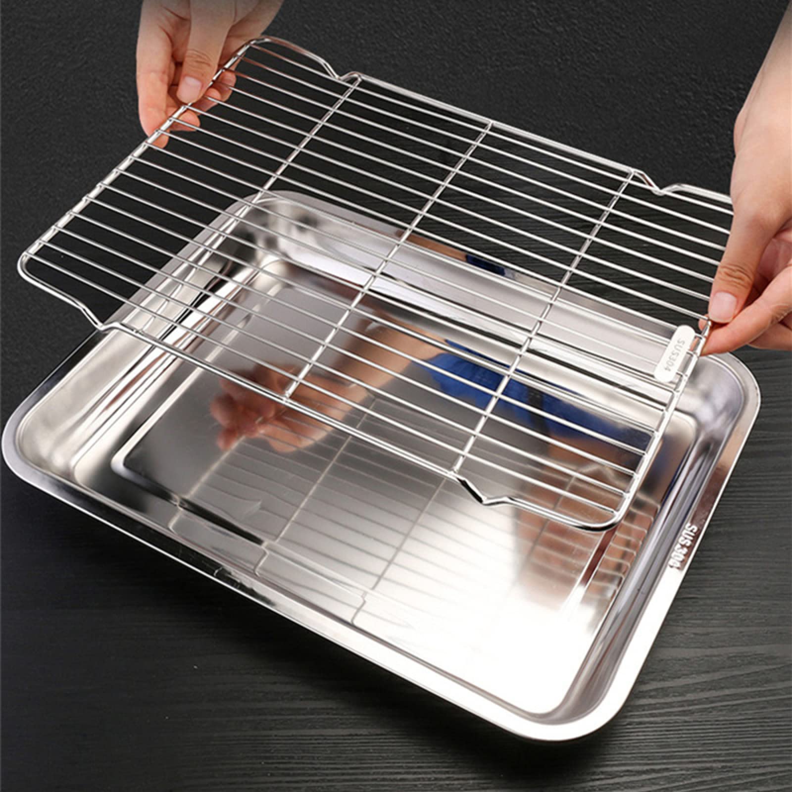Bandeja para hornear Platos de almacenamiento rectangulares de metal Bandeja de horno Bandeja de filtro de aceite Sartén de acero inoxidable para hornear Rejilla de enfriamiento de alambre 1