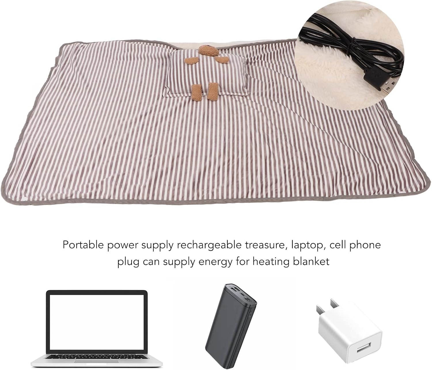 review Heated Blanket, USB Heated Blanket Thermostatic Warming Heating Blanket Cute Electric Blanket 5V Portable Washable for Home (Bear Striped Gray)