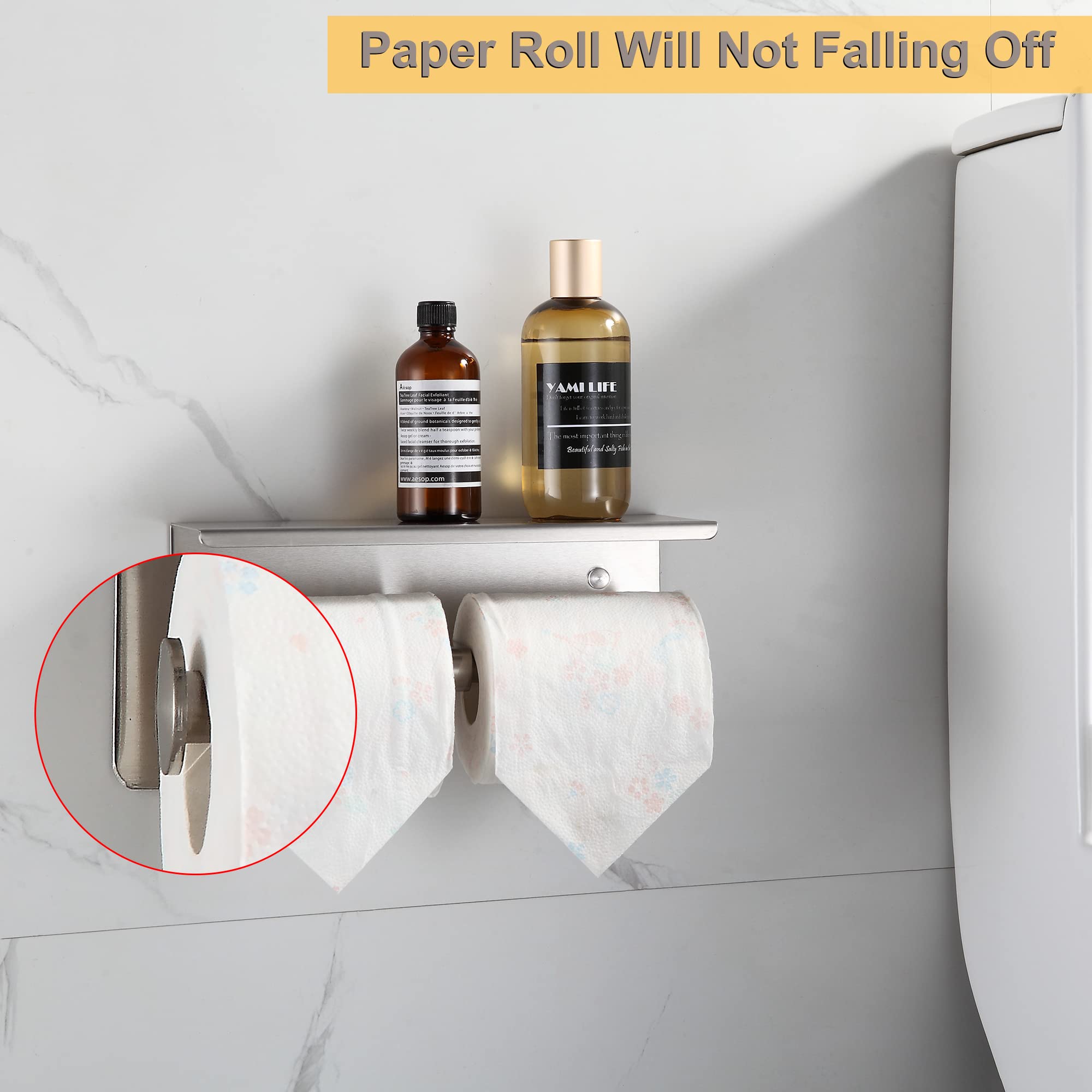 BGL Toilet Paper Holder with Shelf Brushed Nickel Double Head Toilet Tissue Roll Holder 304 Stainless Steel Wall Mount for Bathroom — Amazon image 3