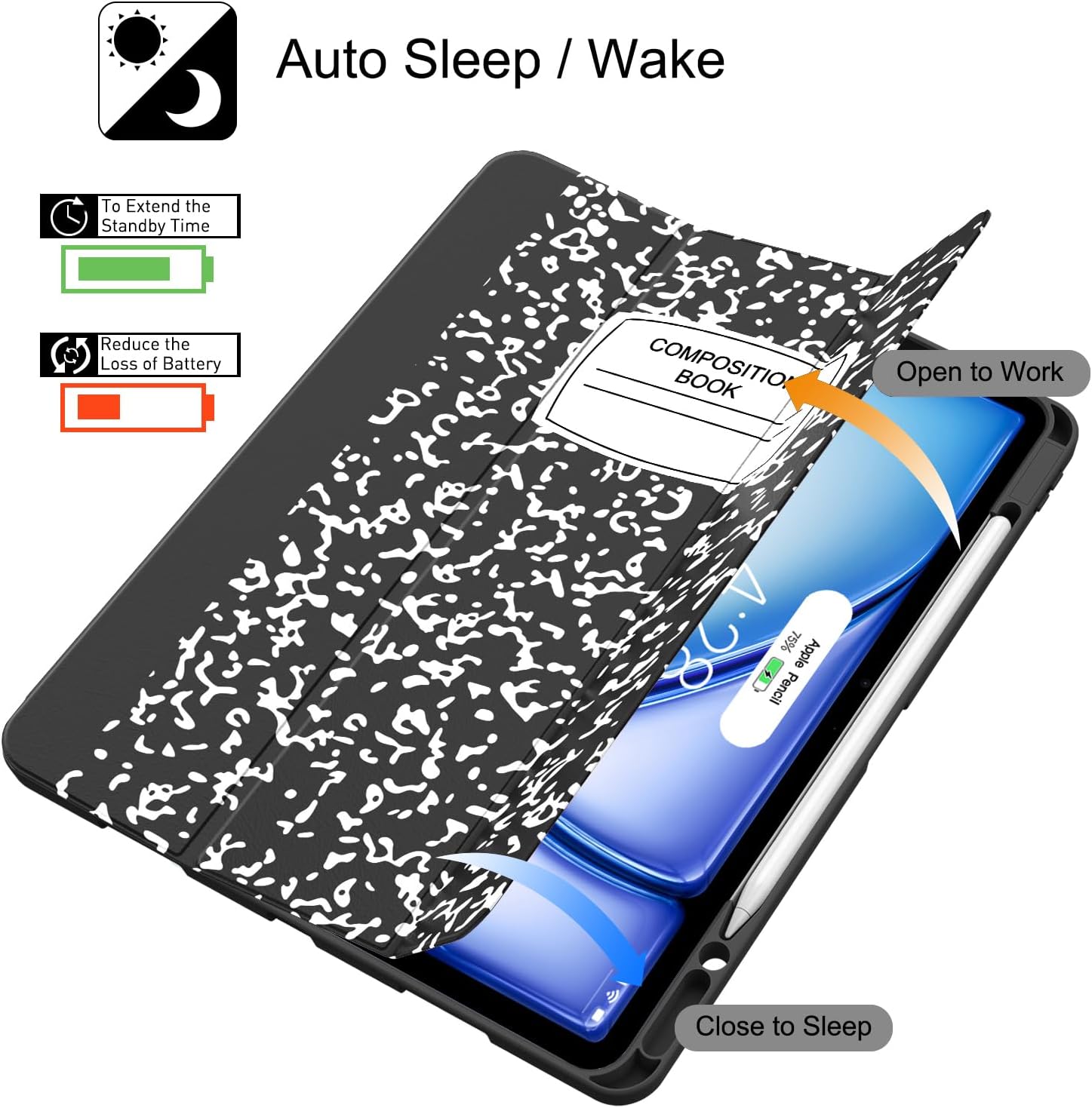 Soke Case for iPad Air 13 Inch (M3/M2,2025-2024), iPad Pro 12.9" 6th/5th Generation with Pencil Holder(2021 2022 Release)-[Apple Pencil Charging + Auto Wake/Sleep] Soft Back Cover, Book Black - Image 8