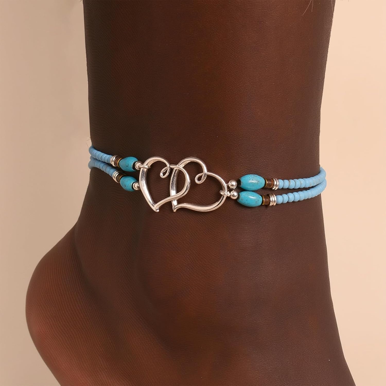Elastic Beaded Ankle Bracelets for Women Double Heart Layered Stretch Ankle Bracelets Waterproof Dainty Boho Beaded Anklets for Summer Beach Foot Jewelry - Image 2