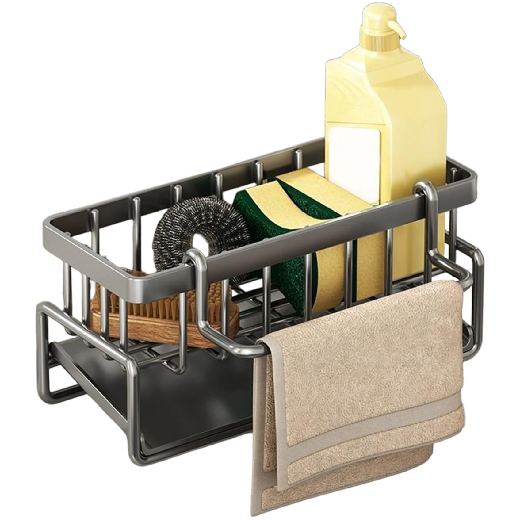 Hintyne Kitchen Storage Sink Caddy with Auto Draining Tray, Stainless Steel Kitchen Sink Organizer with Dish Cloth Hanger for Countertop, Grey