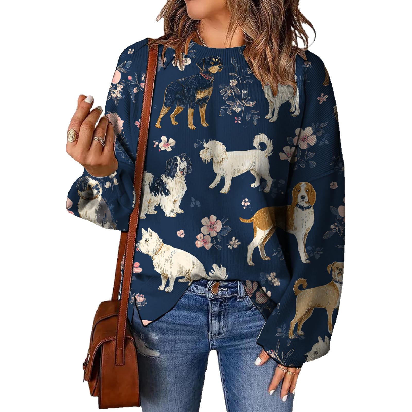 Cute Graphic Sweater for Women Soft Knitted Long Sleeve Casual Fall Tops Crewneck Oversized All Over Print Pullover