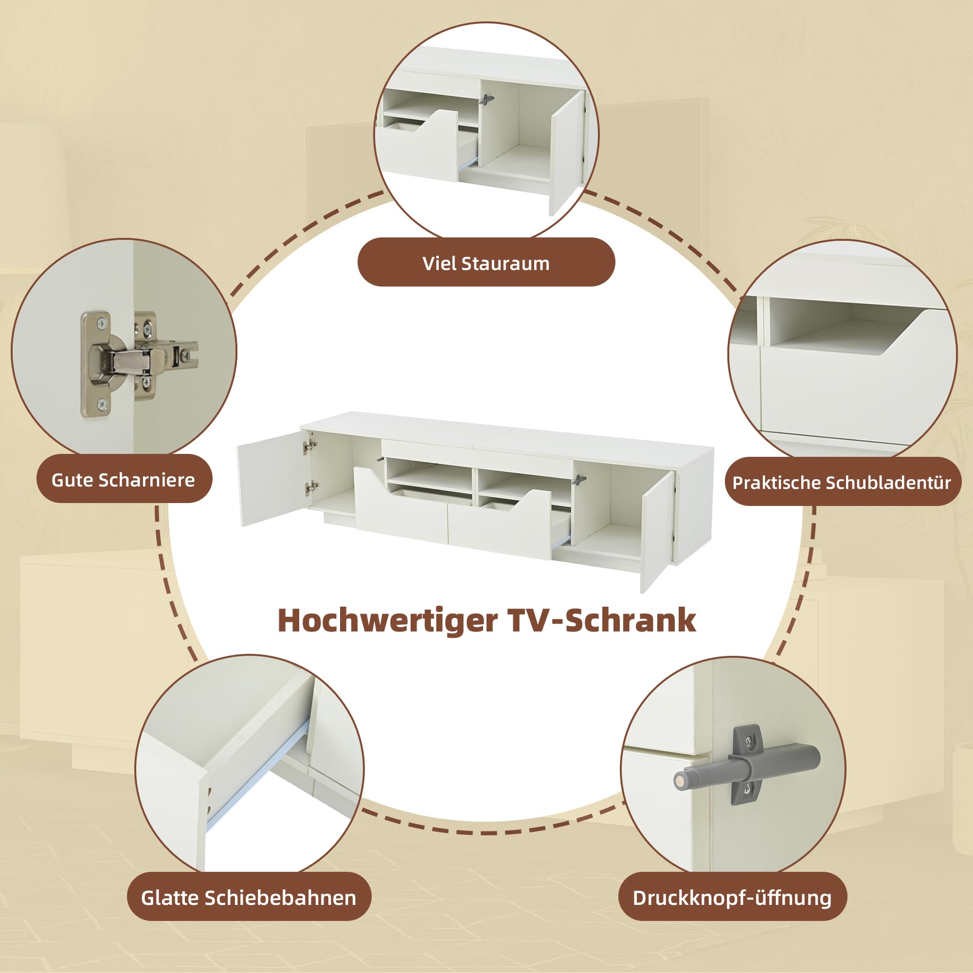 BTM 180x40x45cm Standfernsehschrank, Lowboard Mit 2 Schubladen und 2 Schränken,Hochglanz-TV-Schrank mit LED-Leuchten,TV-Board, Fernsehtisch,Geeignet für 75-Zoll-Fernseher,Weiß