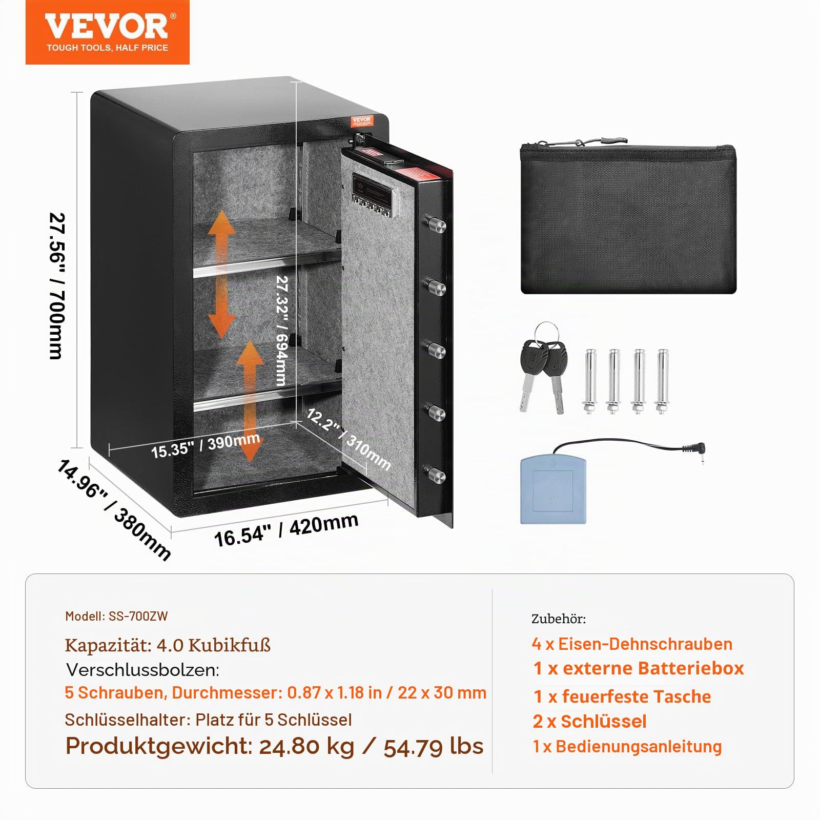VEVOR Safe Tresor mit feuerfester Geldtasche, Einzeltür-Safe 5,5 Kubikfuß, 2 Trennwände, digitaler Möbeltresor mit Schlüssel Code Fingerabdruck, Wertsachenbox für Geld Schmuck, Geldtresor Schwarz