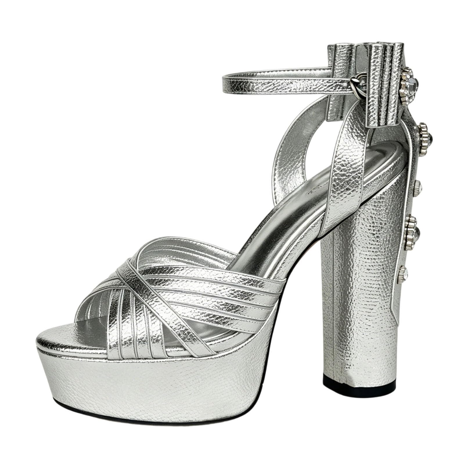 Generico Sandali Estivi con Tacco da Donna A Fascia Incrociata con Fiocco | Sandali Con Plateau E Tacco Largo Con Cinturino Alla Caviglia, Punta Aperta, In Pelle Pu Metallizzata, Tacchi Da Sera