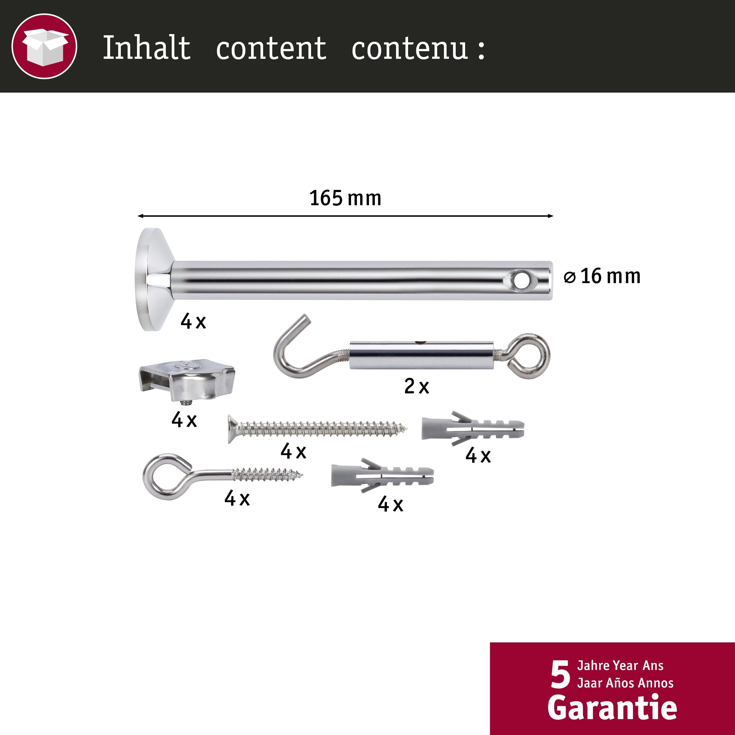 Paulmann 17834 Accesorio para cable, juego para tensado 165 mm cromo, accesorio para sistemas de cables halógenos, 12 V, incl. deflector, argollas, tacos, tensor de cable, clips planos