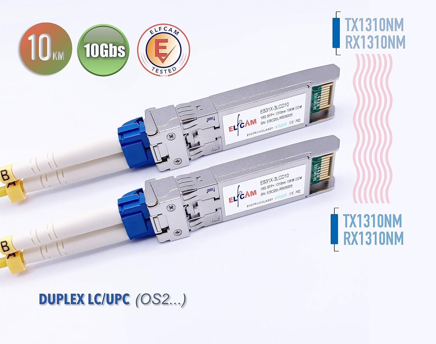 Elfcam® - 10Gbps SFP+ Module de Transceiver à Fibre Optique pour Arista, Connecteur de Fibre Optique LC/UPC Duplex Monomode (OS2),1310nm DDM 10KM