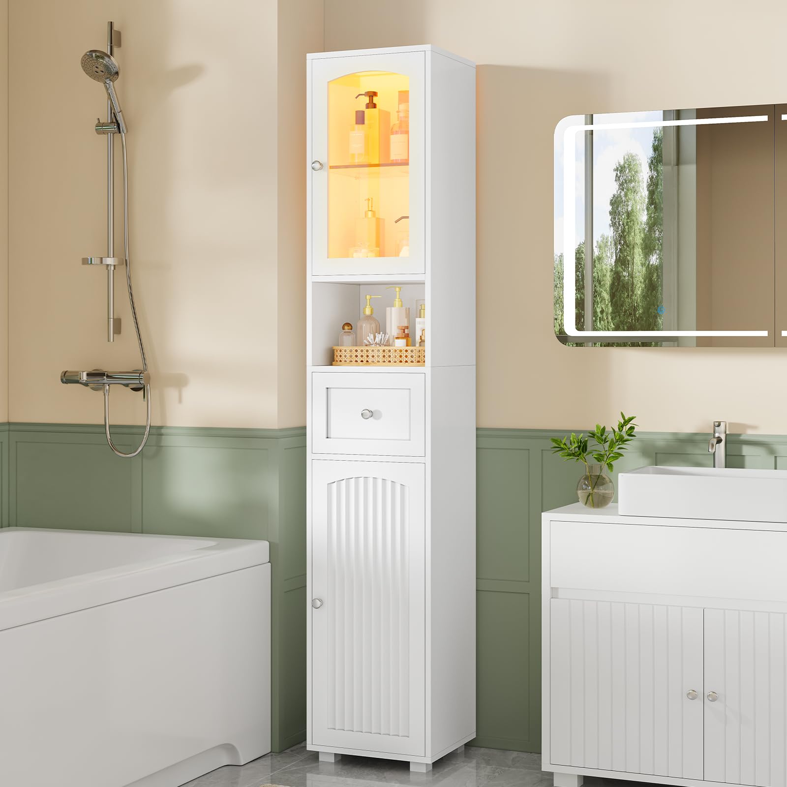 Badezimmerschrank, Badschrank Hochschrank mit LED Beleuchtung, verstellbare Ablagen, offenes Fach, Badezimmermöbel mit 2 Türen, Aufbewahrungsschrank für kleine Räume, 29.5x29.5x179 cm, Weiß