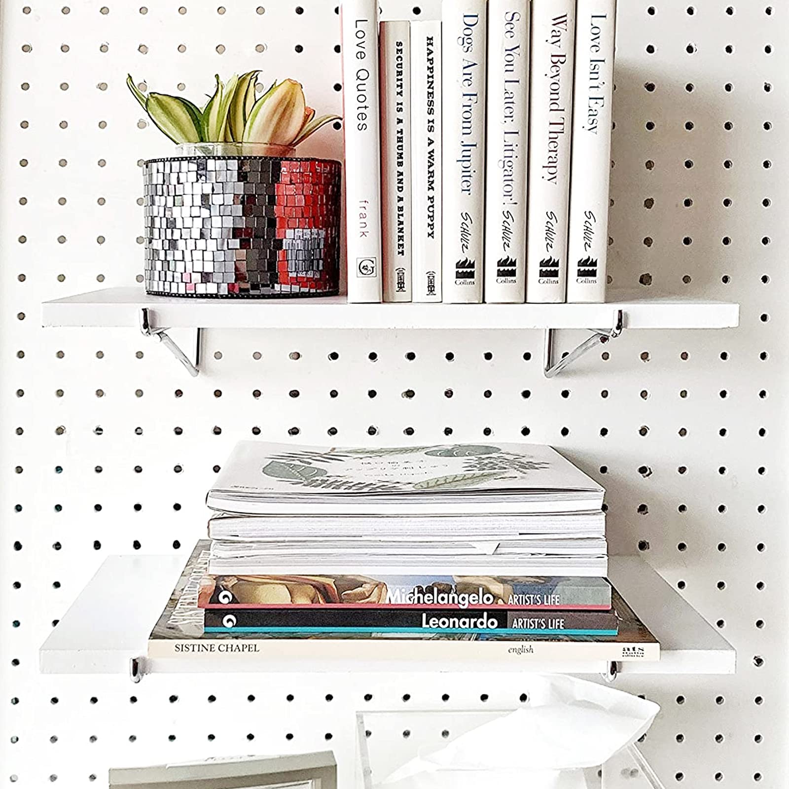 Pegboard Shelf Set, Pegboard Shelves with Steel Pegboard Brackets Pegboard Hooks, White Stain