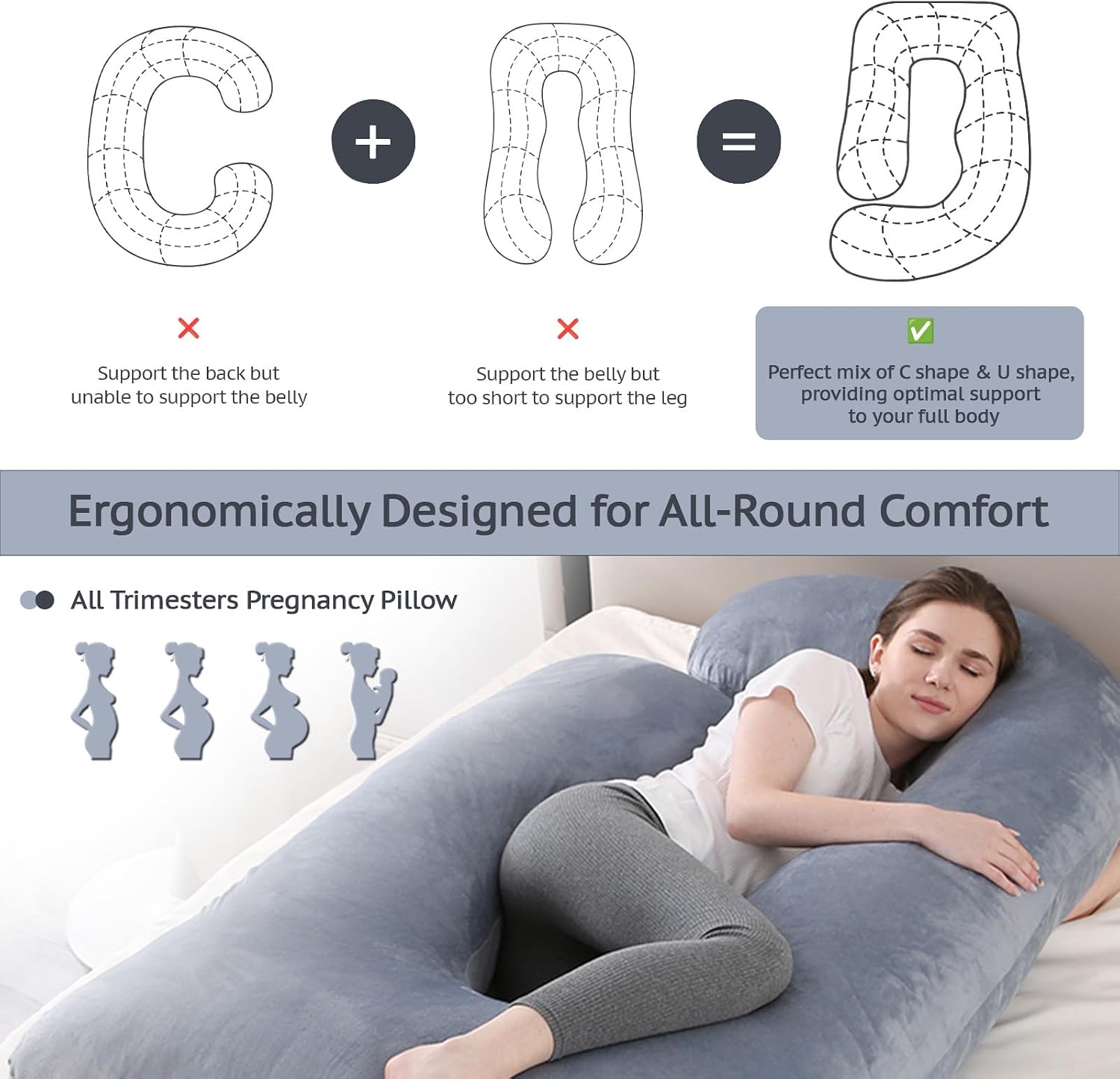 Pregnancy Pillows for Sleeping, 57-inch U Shaped Full Body Maternity Pillow with Removable Washable Cover - Support for Back, Belly, Hips, Legs for Pregnant Women, Grey Velvet Cover
