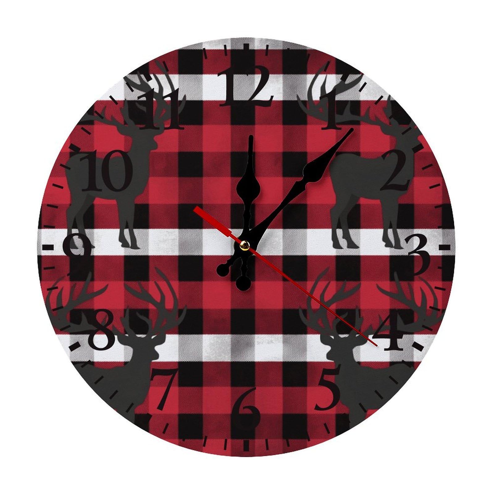 NTVOWPZO 10 Inch Wall Clock Buffalo Plaid Deer Battery Operated Wall Clocks Silent Non-Ticking Round Wall Clock for Living Room Kitchen Home Office Wall Decorative Clock