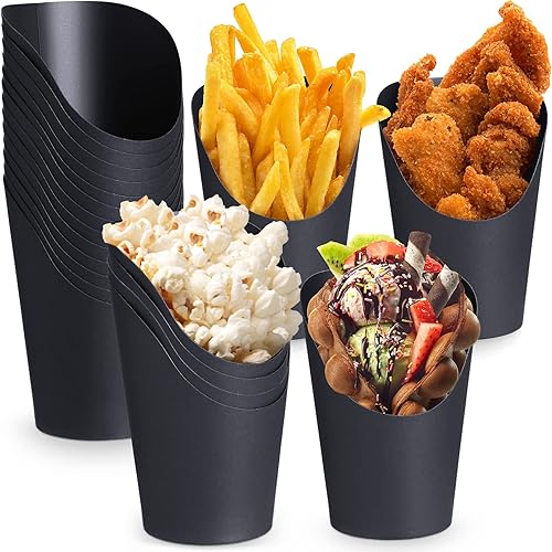 Sieral 100 tazas de embutidos negros de 16 onzas desechables para papas fritas con soporte para papas fritas de papel, conos de charcutería, gofres,