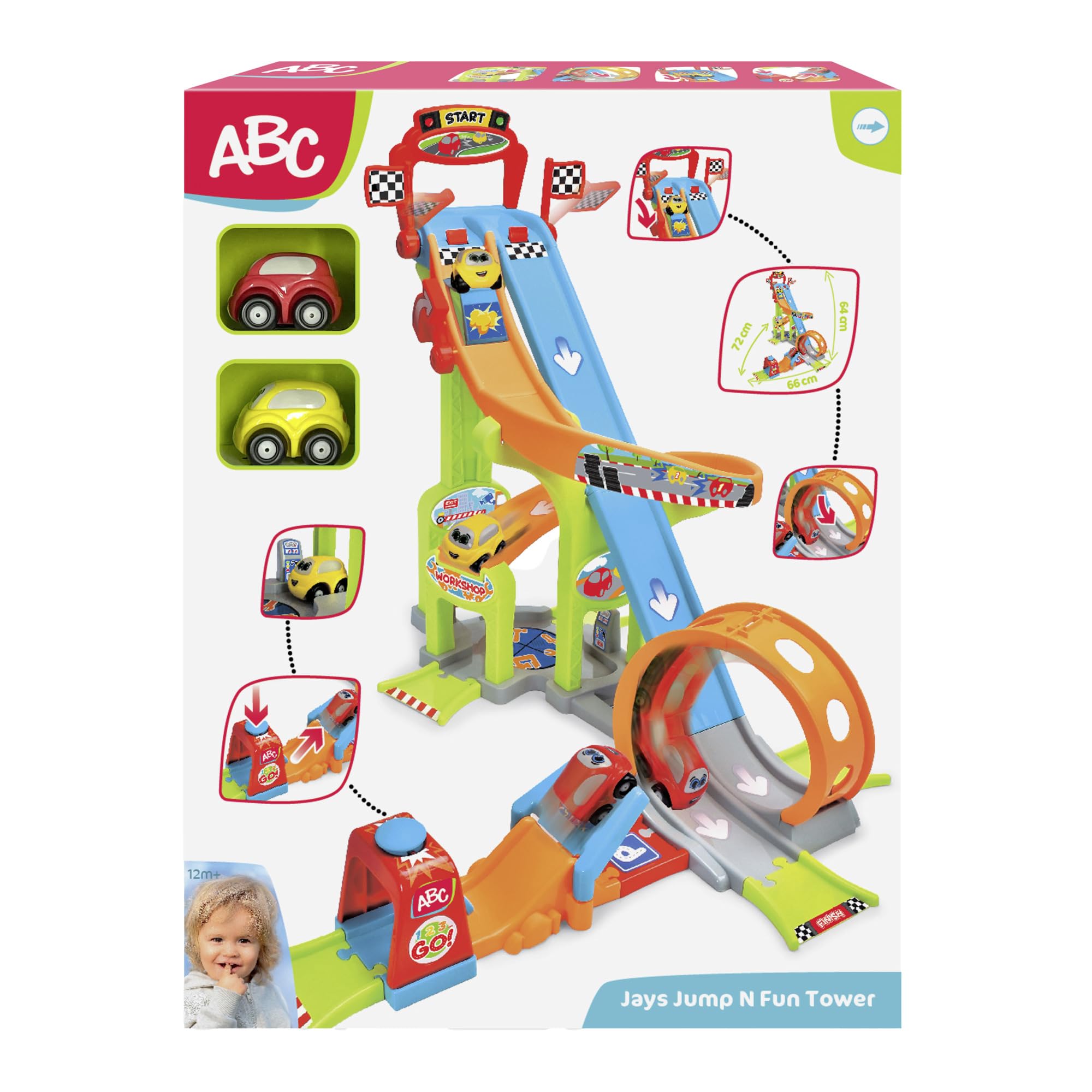 Dickie Toys ABC - Jays Jump N Fun Tower (66 x 72 x 64 cm) – pista da corsa per auto a partire da 1 anno con Looping, Schanze & 2 auto giocattolo, autostrada giocattolo per neonati e bambini dai 12