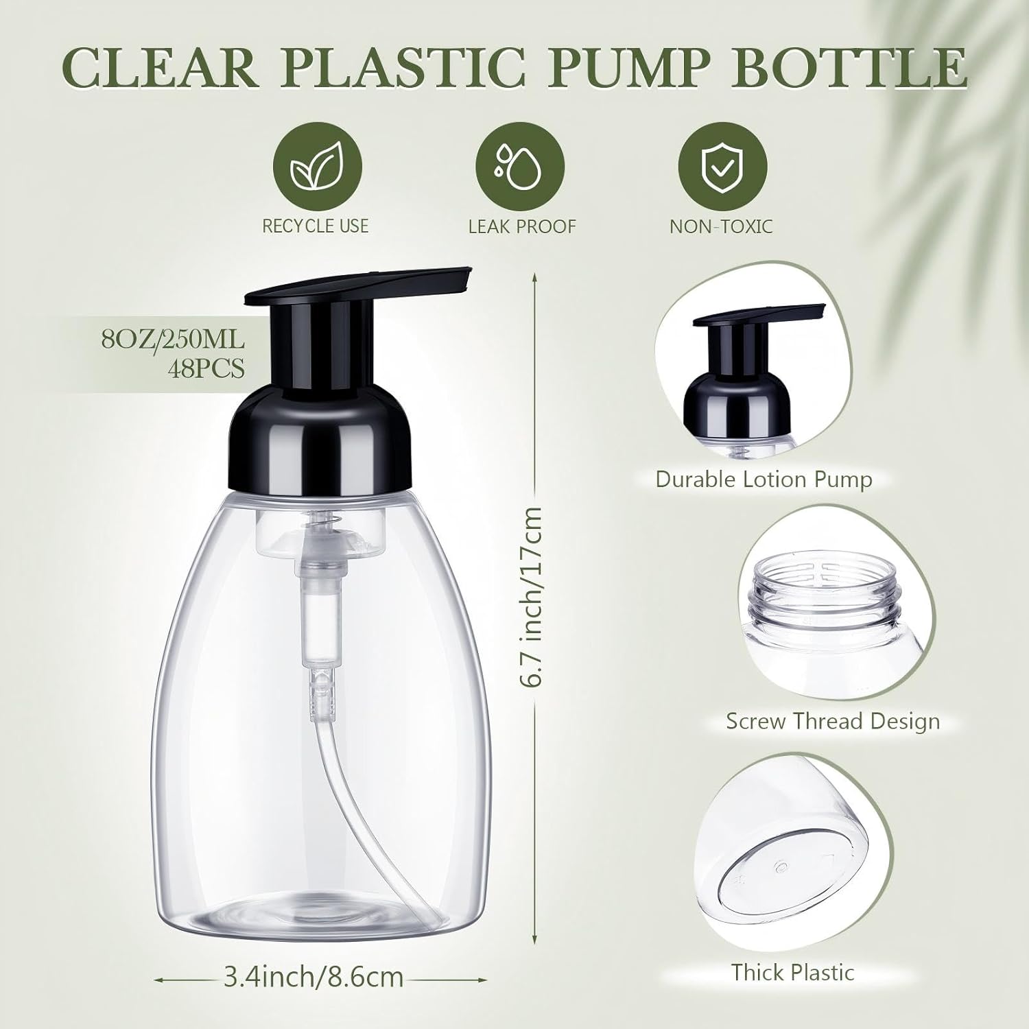 Nuenen 48 Pieces 8oz Foaming Pump Bottles Refillable Foaming Soap Dispensers Bulk Travel Hand Soap Pump Foam Dispenser Plastic Press Containers for Shampoo Bathroom Commercial(Black) - Image 2