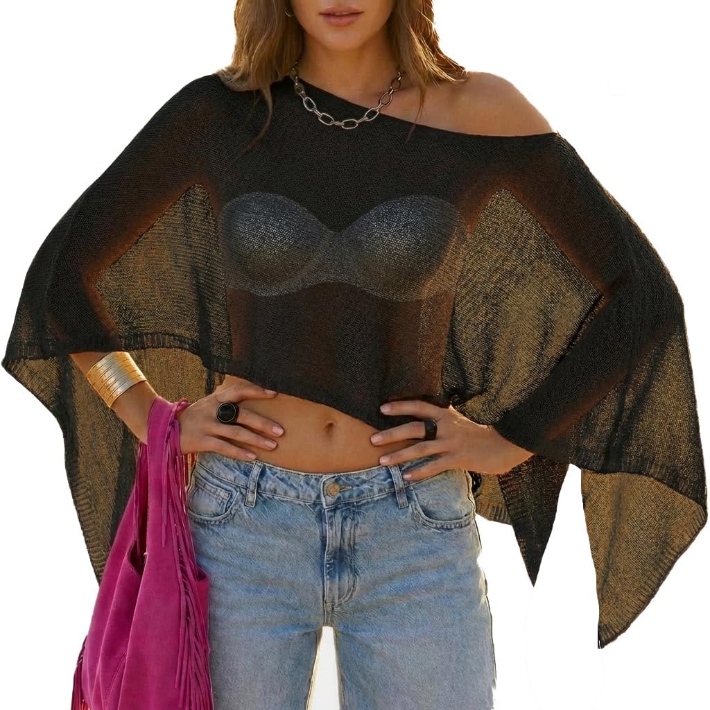 MAKABO Women's Crochet Sheer Poncho Top Lightweight Sparkly Shrug Pullover Knit Bolero Sweater Cover Up Beachwear