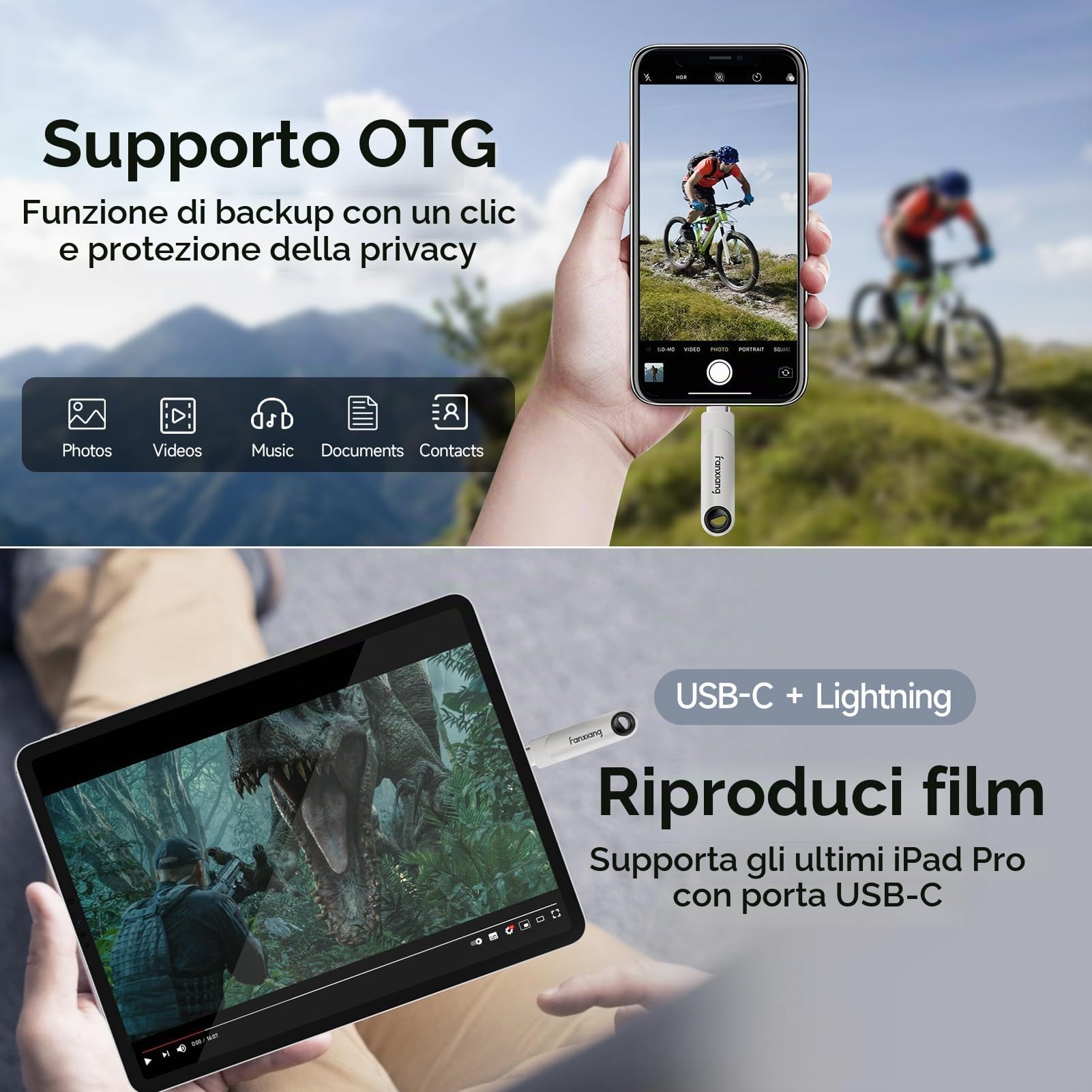 fanxiang 512GB Chiavetta USB Pen Drive,USB 3.2 Gen1 Type-C + Lightning USB C Flash USB Drive,Fino a 95MB/S Chiavetta USB 64GB,Supporto per il backup delle foto live di Apple(F385)