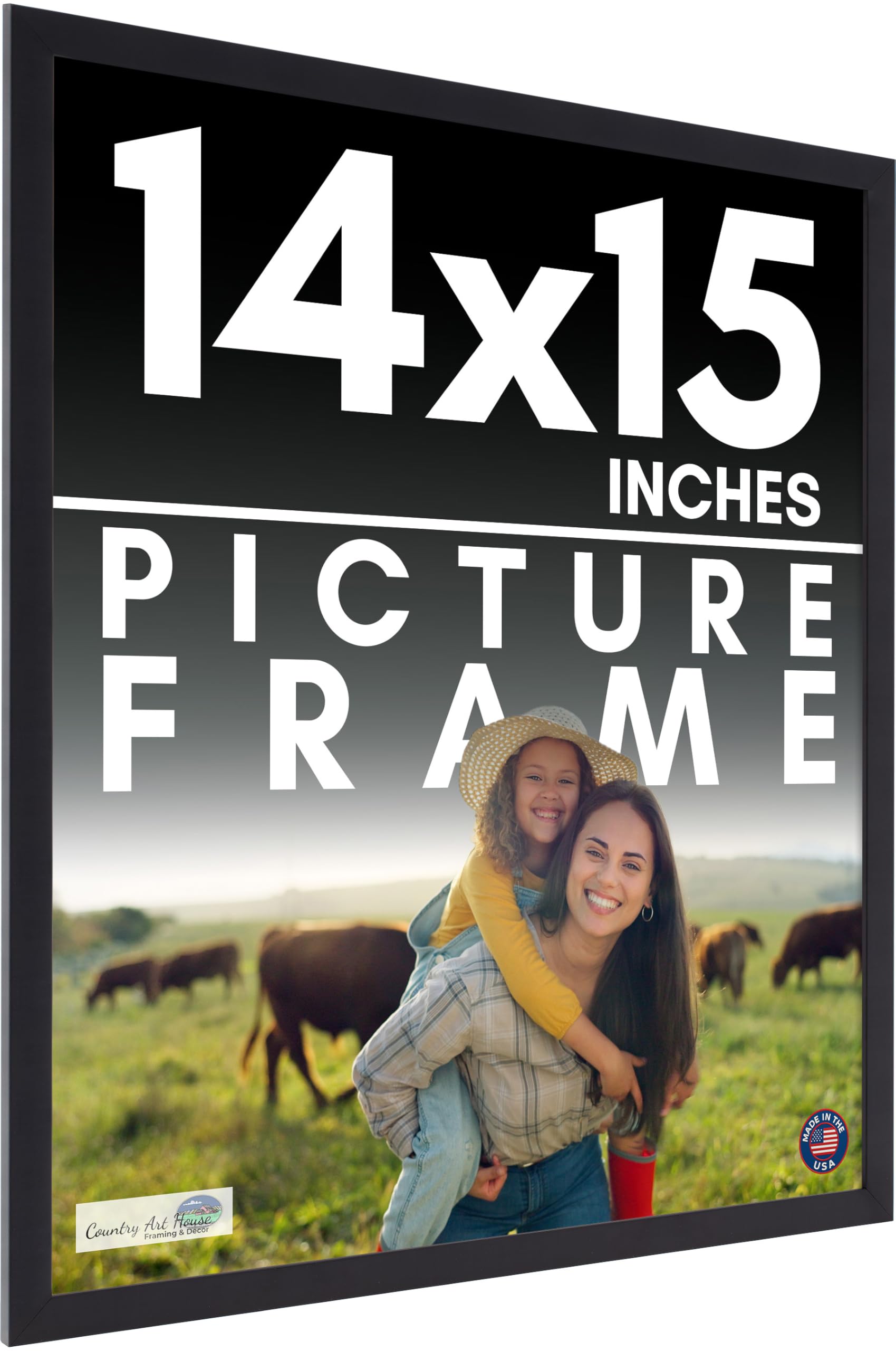 CountryArtHouse 14x15 Frame Black Solid Pine Wood Picture Frame Includes UV Acrylic Plexiglass, Acid Free Foam Backing Board and Hanging Hardware