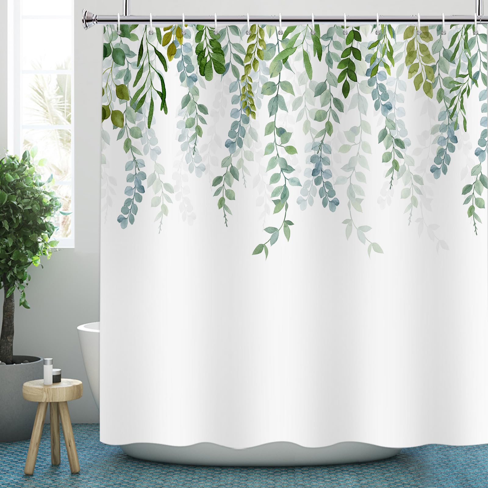 Tende da doccia botaniche, foglia di eucalipto ad acquerello, verde, tenda da bagno per vasca da bagno, decorazione domestica, tessuto impermeabile, lavabile in lavatrice, con 12 ganci